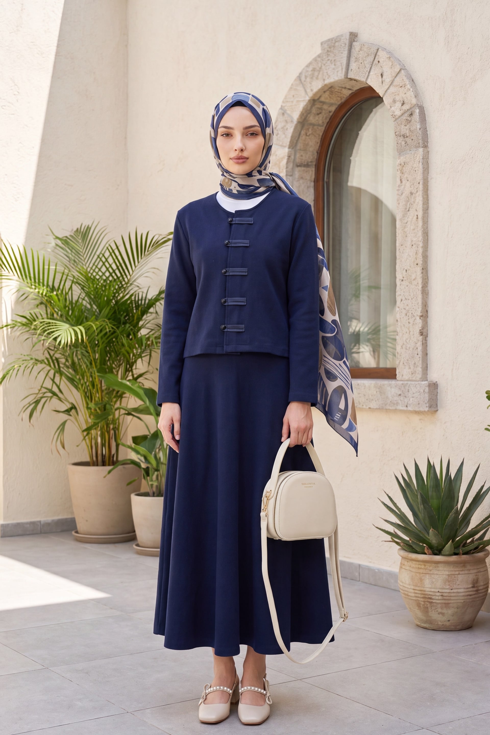 Navy Blue Leather-Trimmed Button-Front Jacket and Maxi Skirt Set - Podyumplus - by Peralane - photo 3