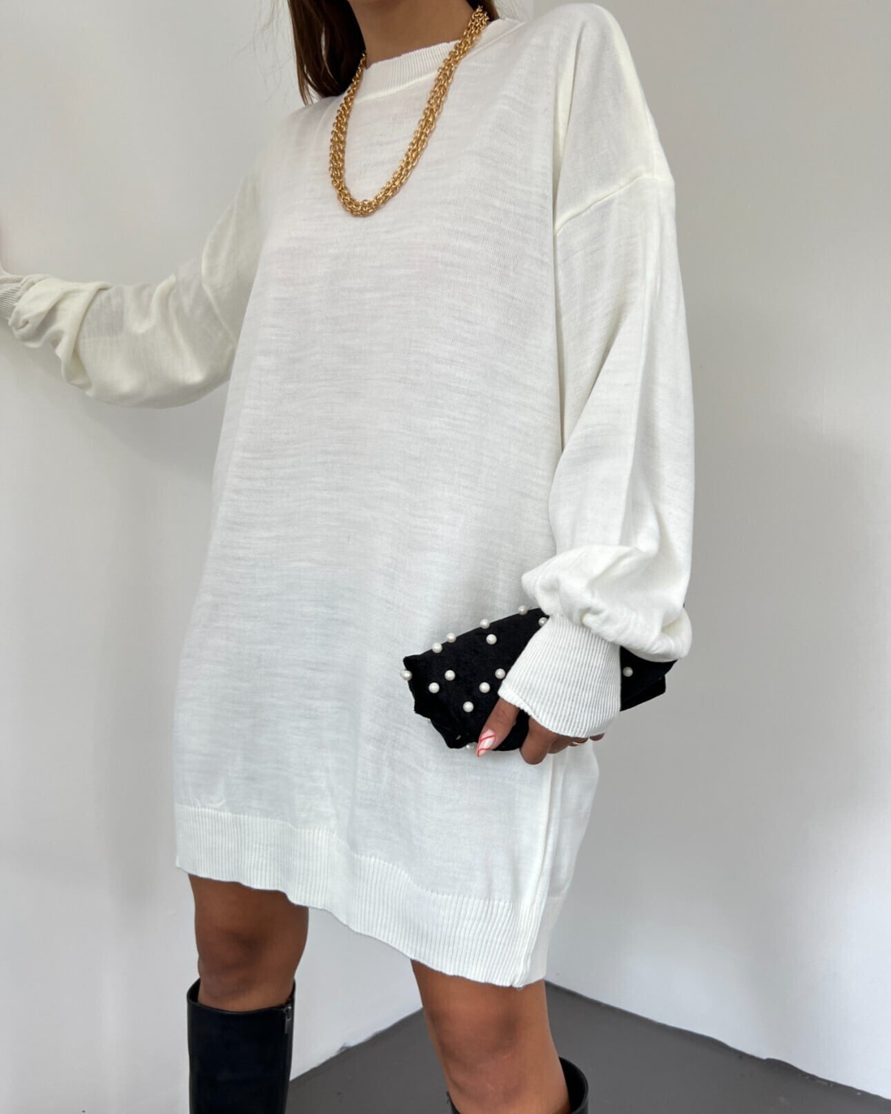 Cream Cowl-Neck Long-Sleeve Knitted Tunic Top - Podyumplus - by Peralane - photo 2