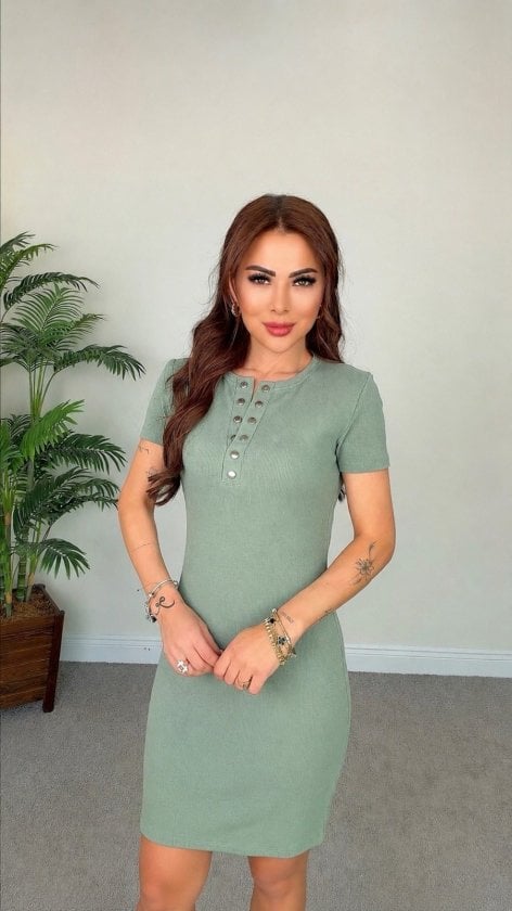 Women's Short-Sleeve Round Neck Button-Up Ribbed Knit Dress - Janes - by Peralane
