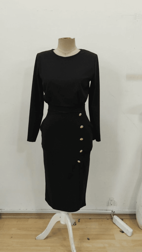 Women's Black Long Sleeve Crew Neck Side Slit Buttoned Midi Crepe Dress - Janes - by Peralane - photo 5