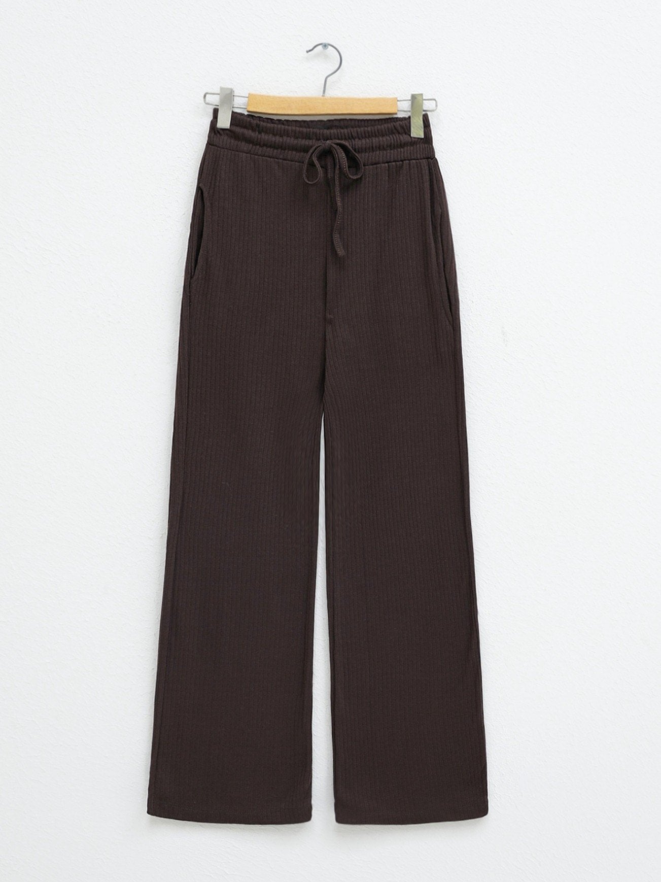Ribbed Knit Drawstring Wide-Leg Trousers - Brown - Podyumplus - by Peralane - photo 2