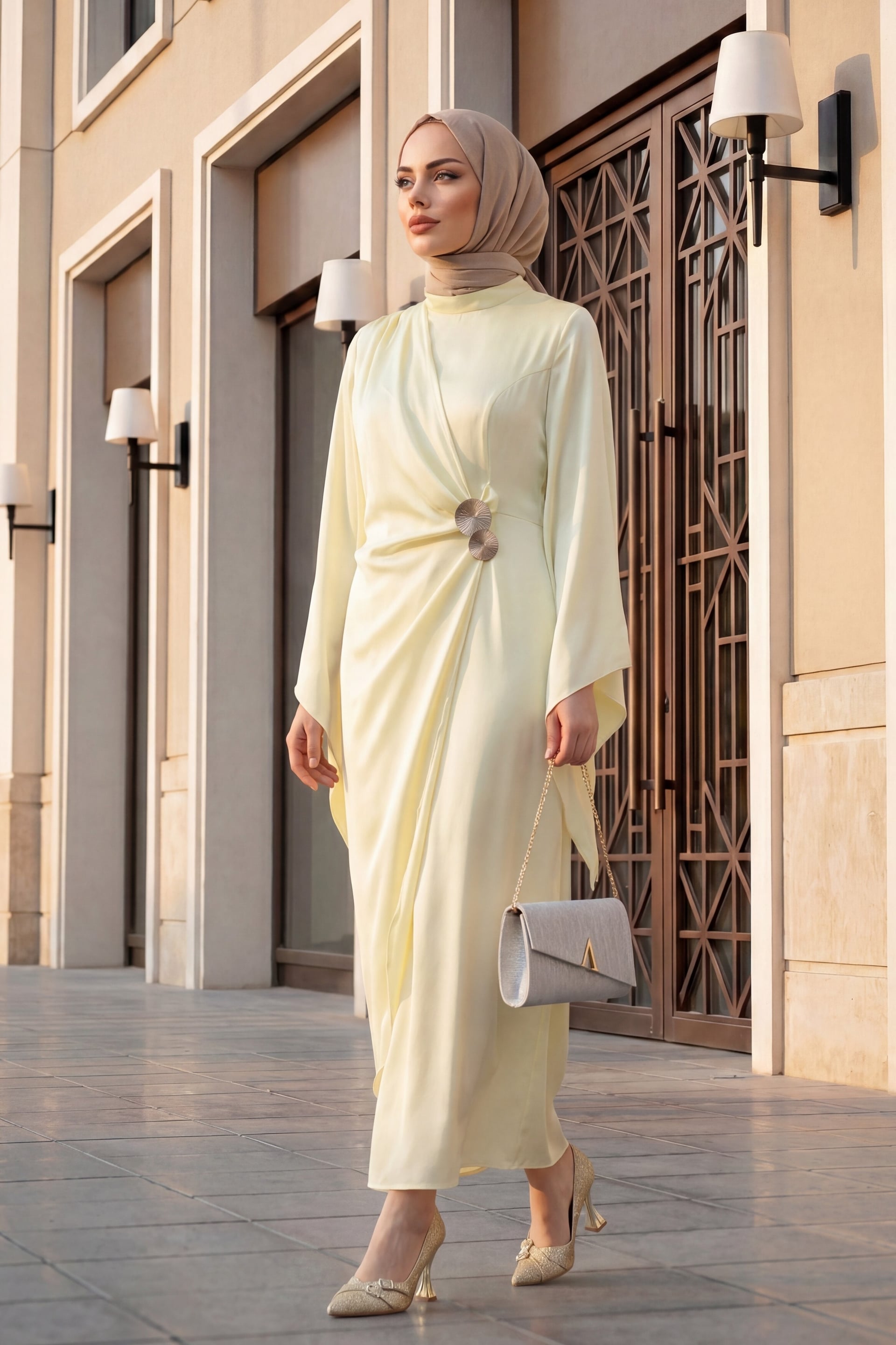Ivory Satin Evening Dress with Buckle Detail and Asymmetric Sleeves - Podyumplus - by Peralane - photo 4