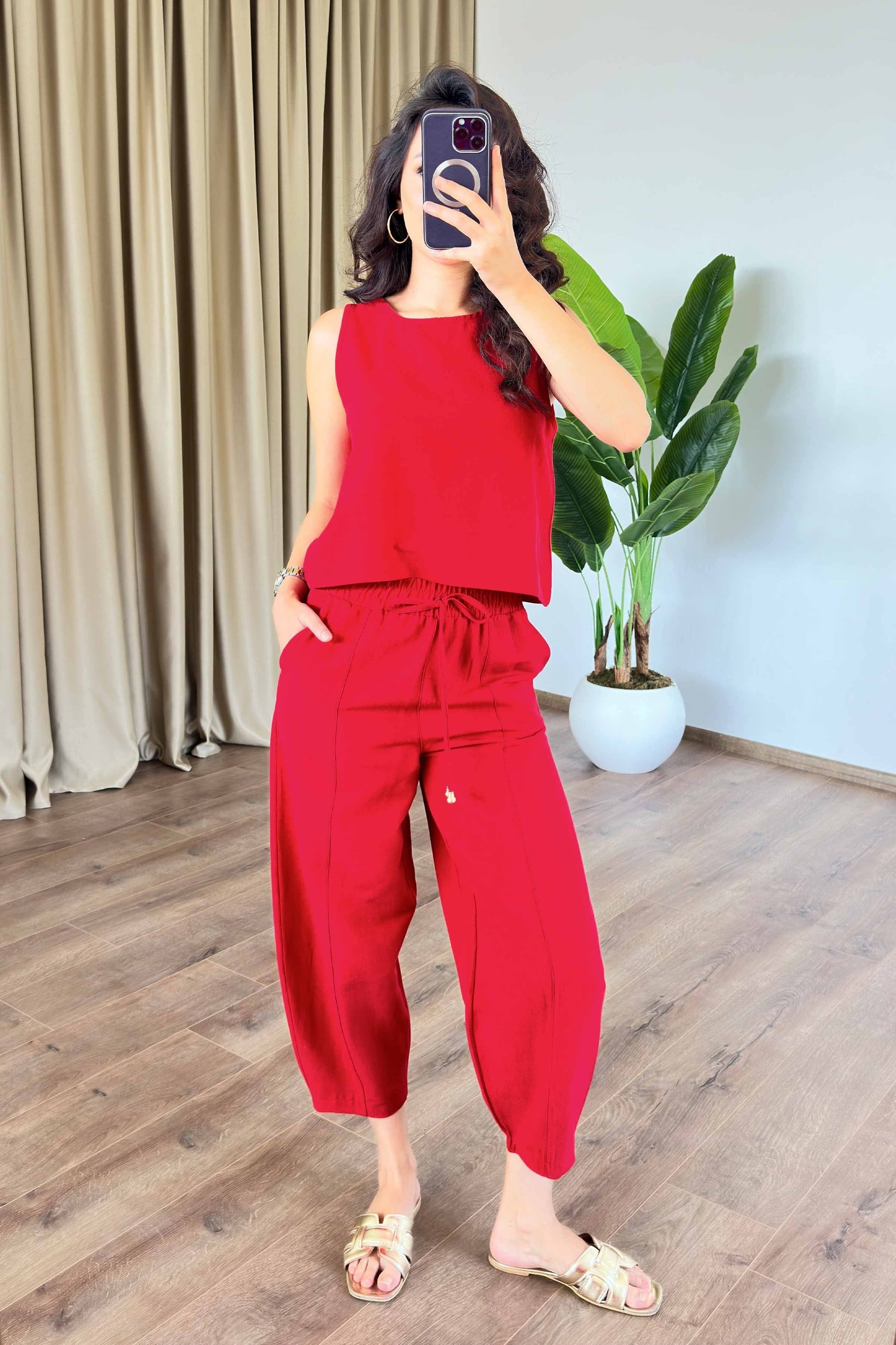 Red Linen Two-Piece Set with Tie-Front Blouse and Drawstring Trousers - Lustri̇n - by Peralane