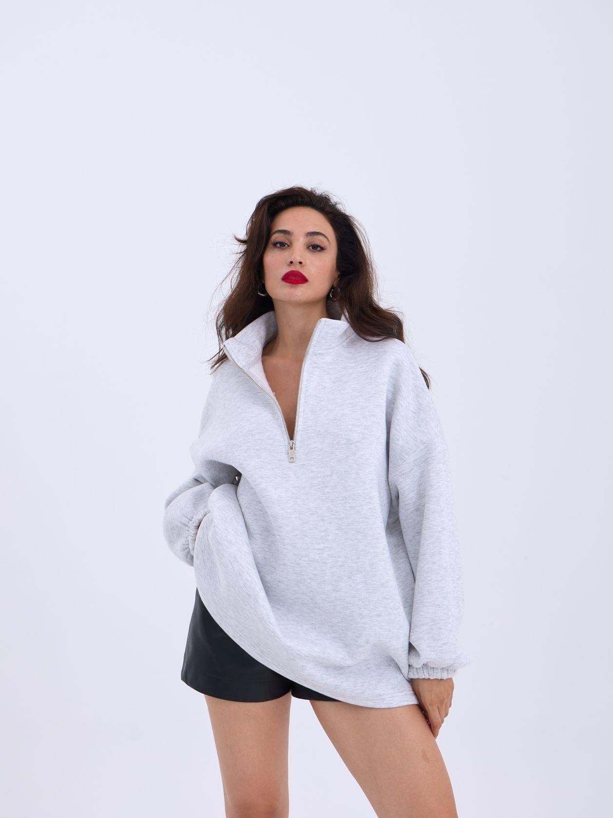 Women's Light Grey Melange Half-Zip Fleece Sweatshirt - Fame - by Peralane