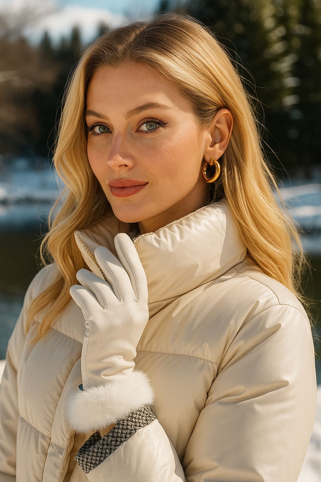 Cream Touchscreen Suede Gloves with Faux Fur Cuff - Nesvay - by Peralane