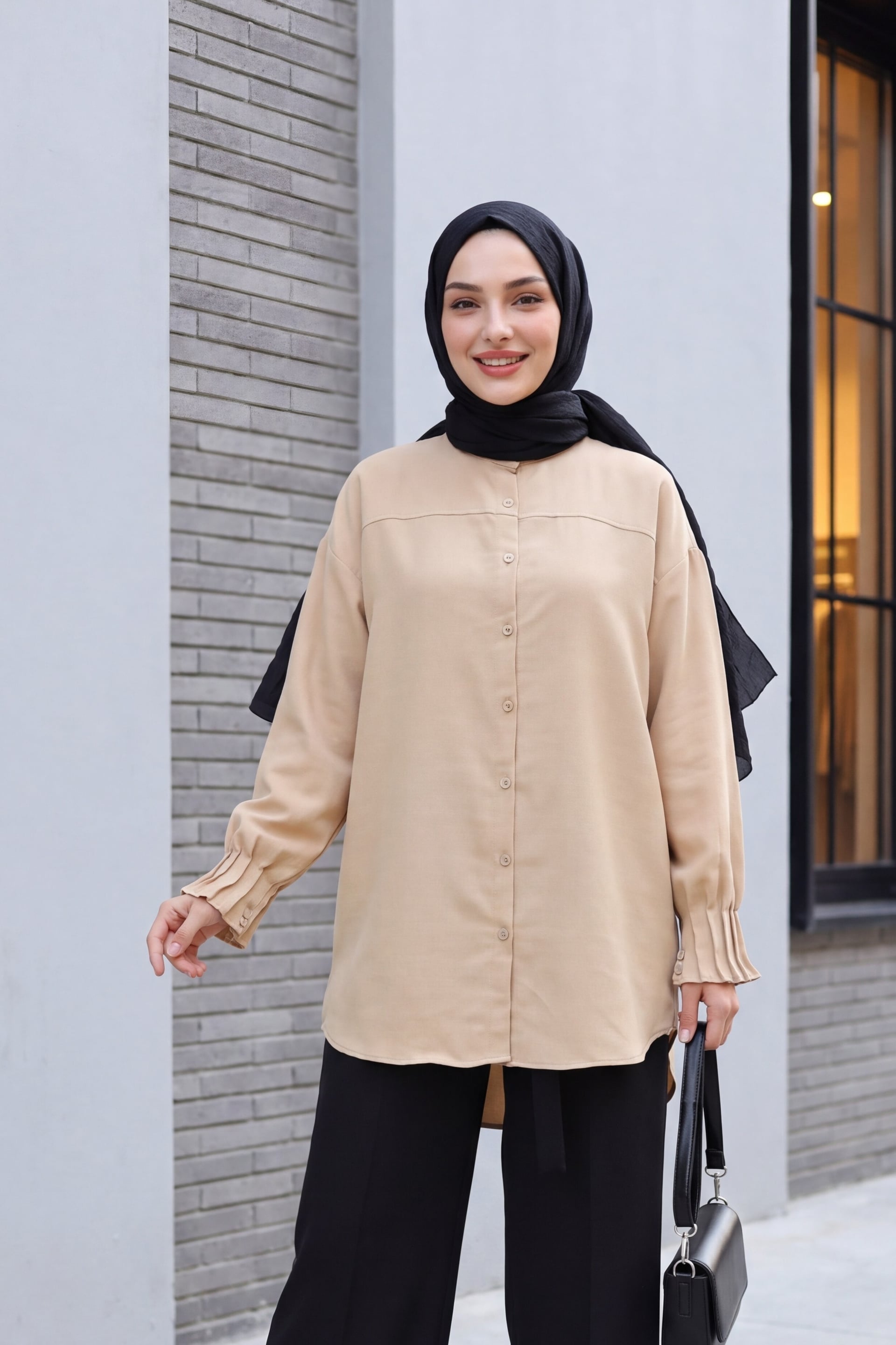Oval Cut Blouse with Pleated Cuffs - Light Beige - Podyumplus - by Peralane