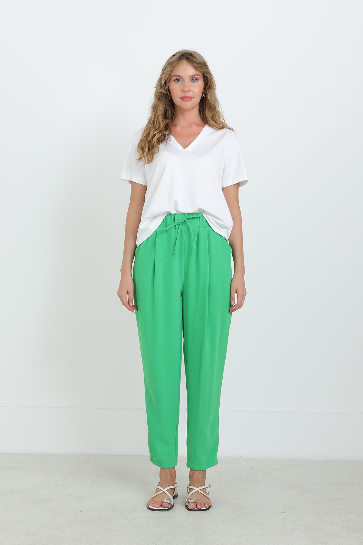 Women's Drawstring Waist Wide-Leg Trousers in Bright Green - Puane - by Peralane - photo 2