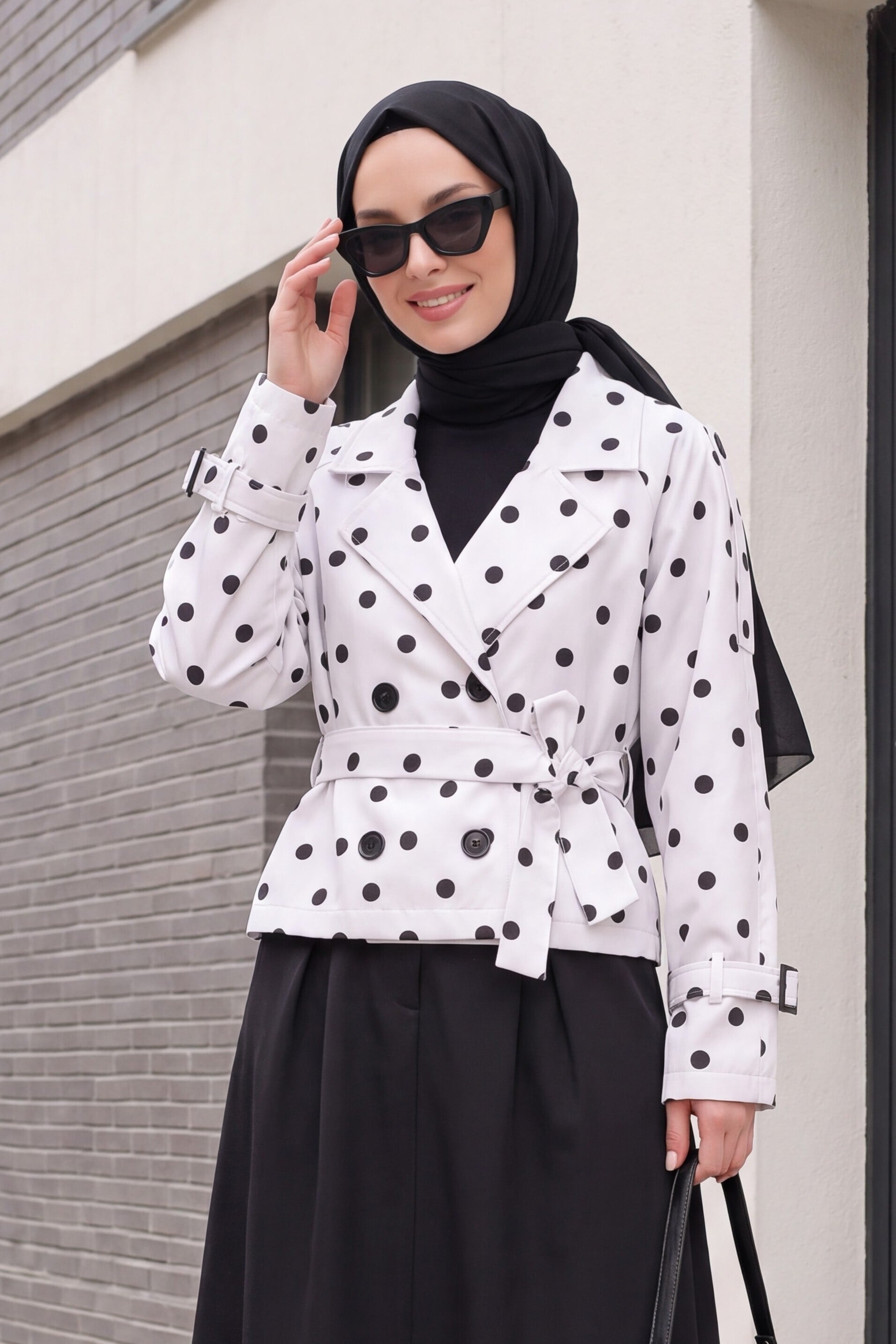 Women's Belted Short Trench Coat with Polka Dot Print - White - Bigdart - by Peralane - photo 4