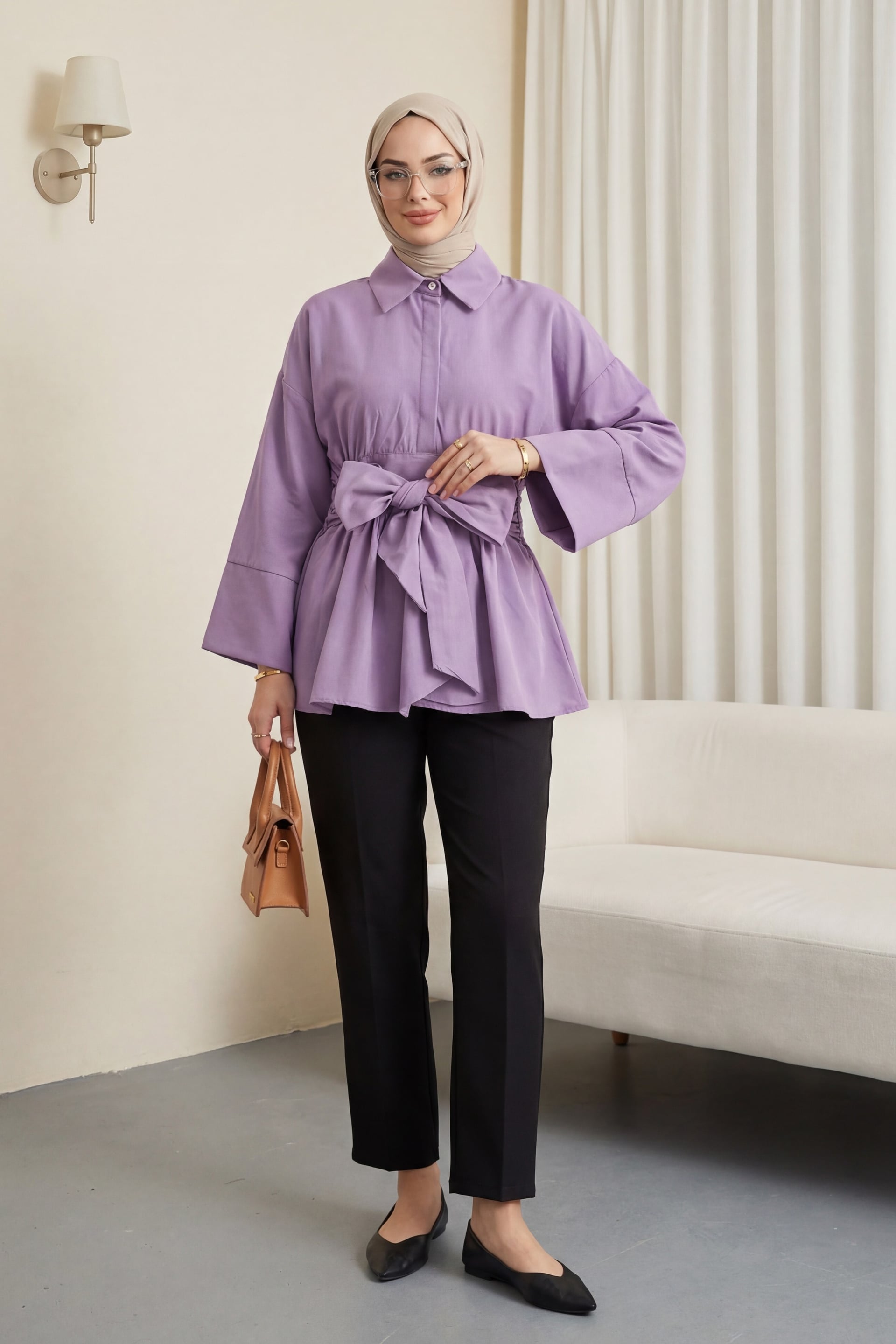 Lavender Poplin Tunic with Corseted Waist and Hidden Placket for Women - Podyumplus - by Peralane - photo 3