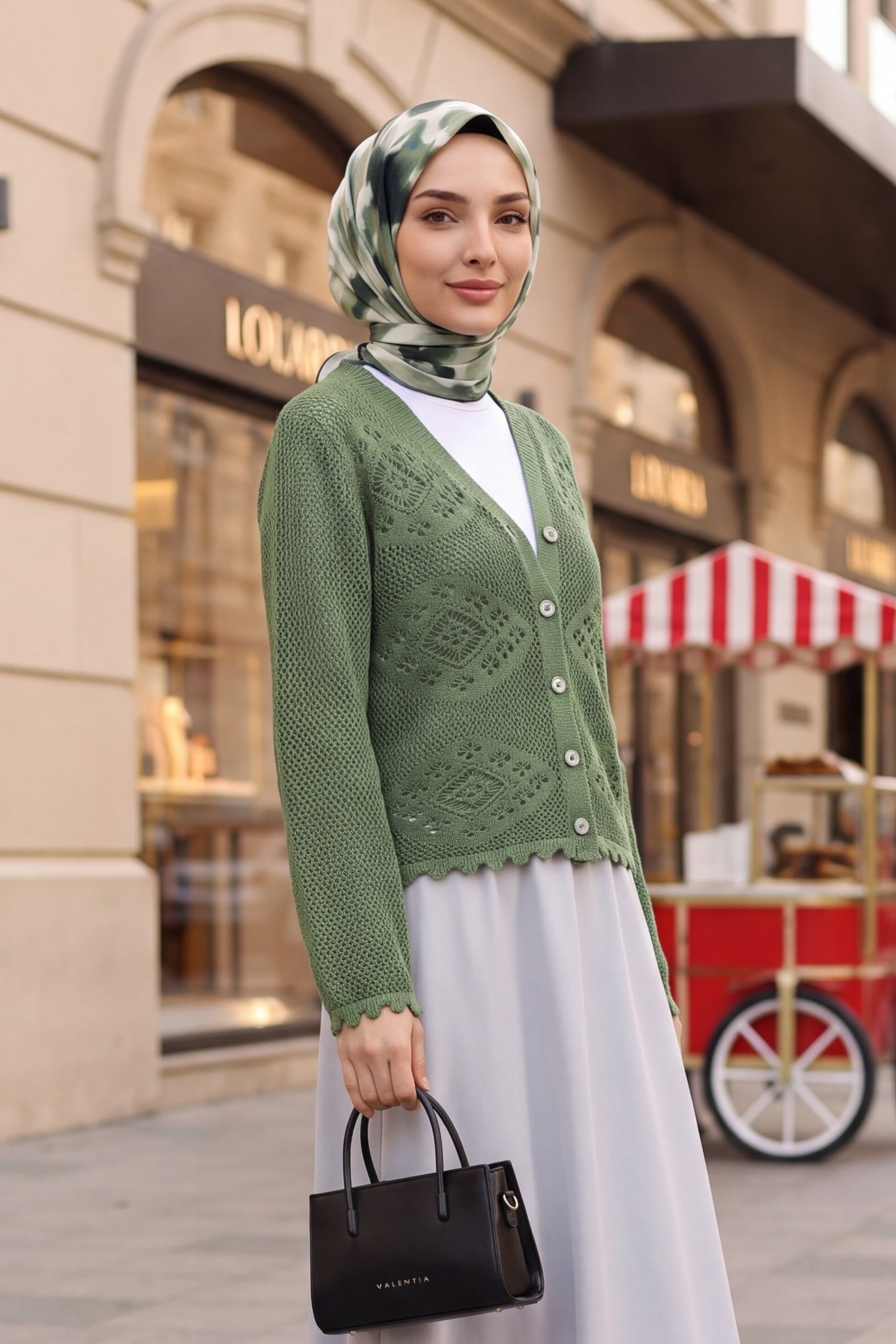 Geometric Patterned Open-Knit Buttoned Cardigan - Green - Podyumplus - by Peralane