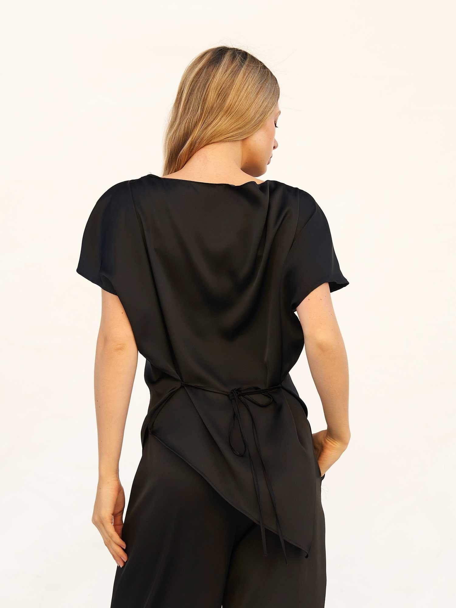 Black Lace-Trimmed Asymmetric Satin Blouse and Wide-Leg Trousers Set - Lefon - by Peralane - photo 8