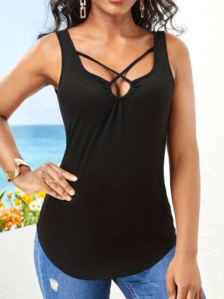 Women's Black Criss-Cross Keyhole Tank Top - Janes - by Peralane - photo 10