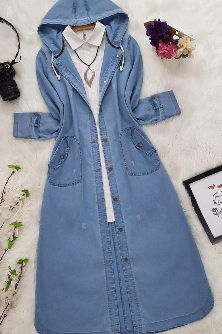 Long Denim Jacket with Hood - Blue - Podyumplus - by Peralane - photo 5