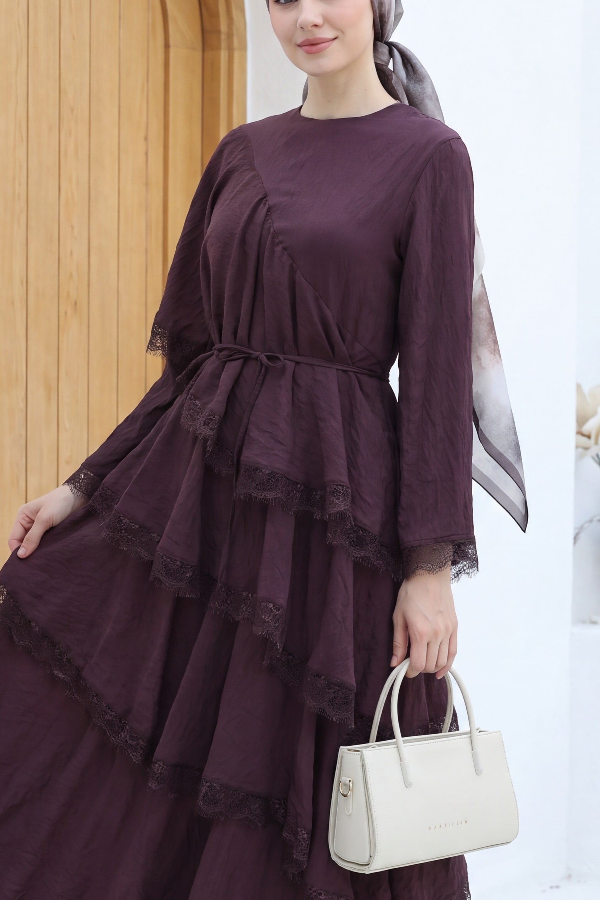 Lace Trim Tiered Belted Lined Tulle Modal Dress - Dark Brown - Podyumplus - by Peralane - photo 5