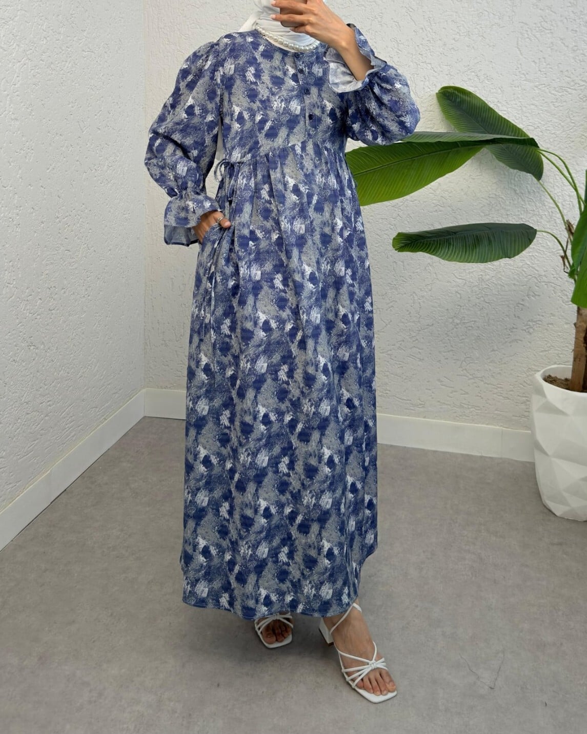 Half Button Tie Waist Patterned Maxi Dress - Indigo - Podyumplus - by Peralane - photo 5