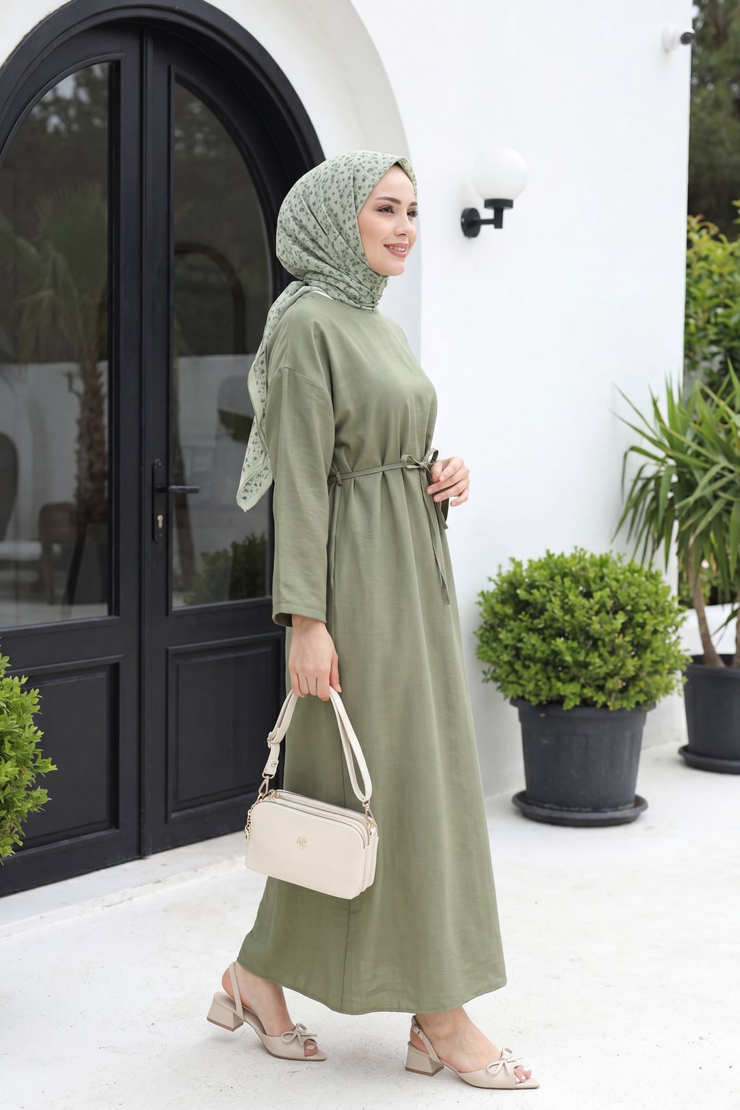 Olive Green Belted Linen Look Dress with Back Zip - Podyumplus - by Peralane - photo 3
