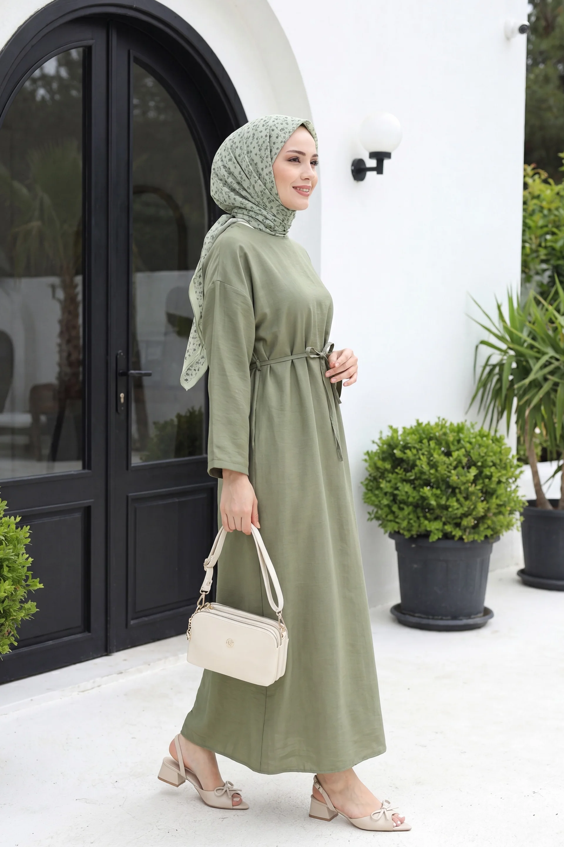 Olive Green Belted Linen Look Dress with Back Zip - Podyumplus - by Peralane - photo 3