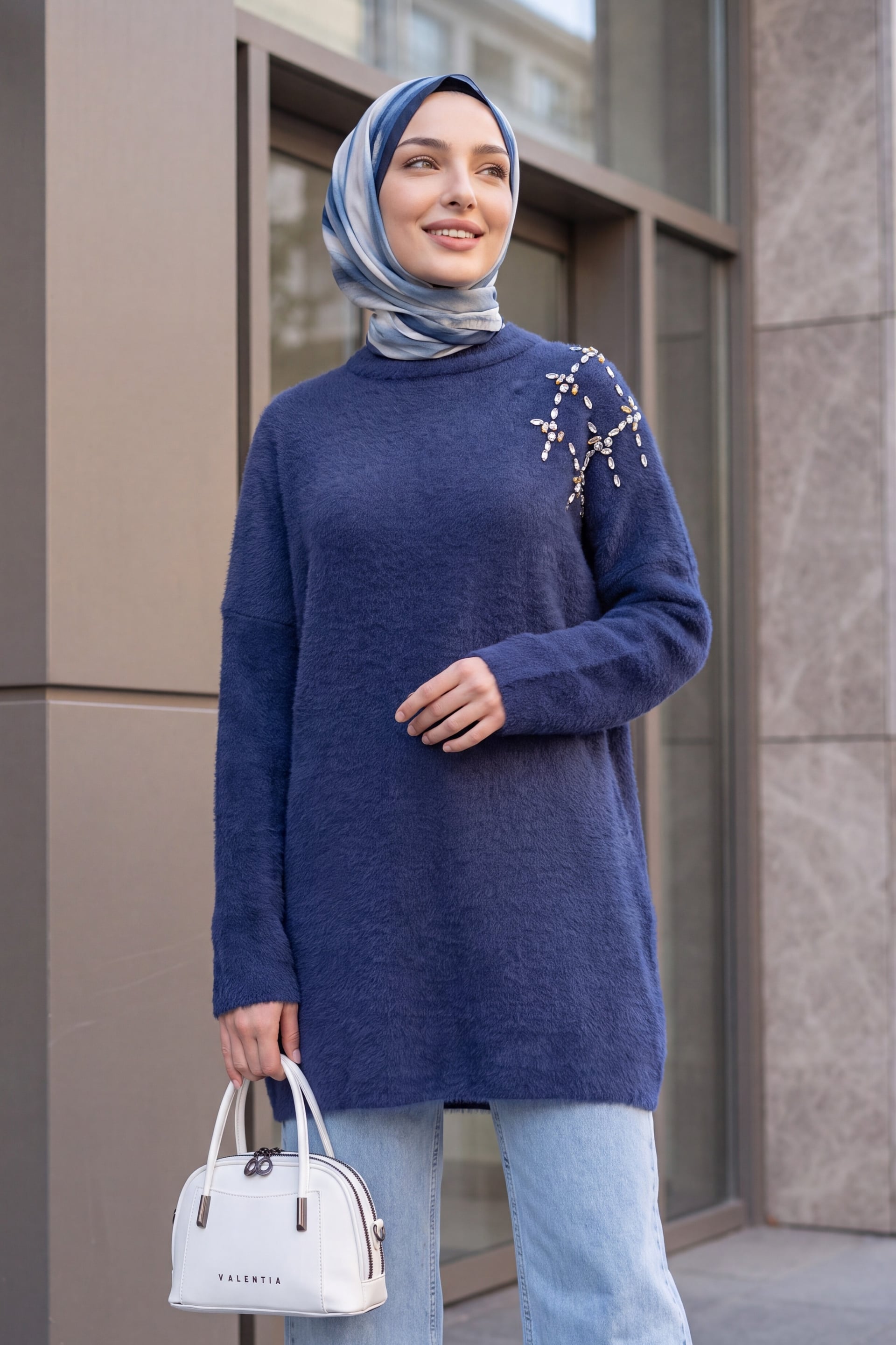 Navy Blue Stone Embellished Soft Knit Tunic - Podyumplus - by Peralane - photo 2