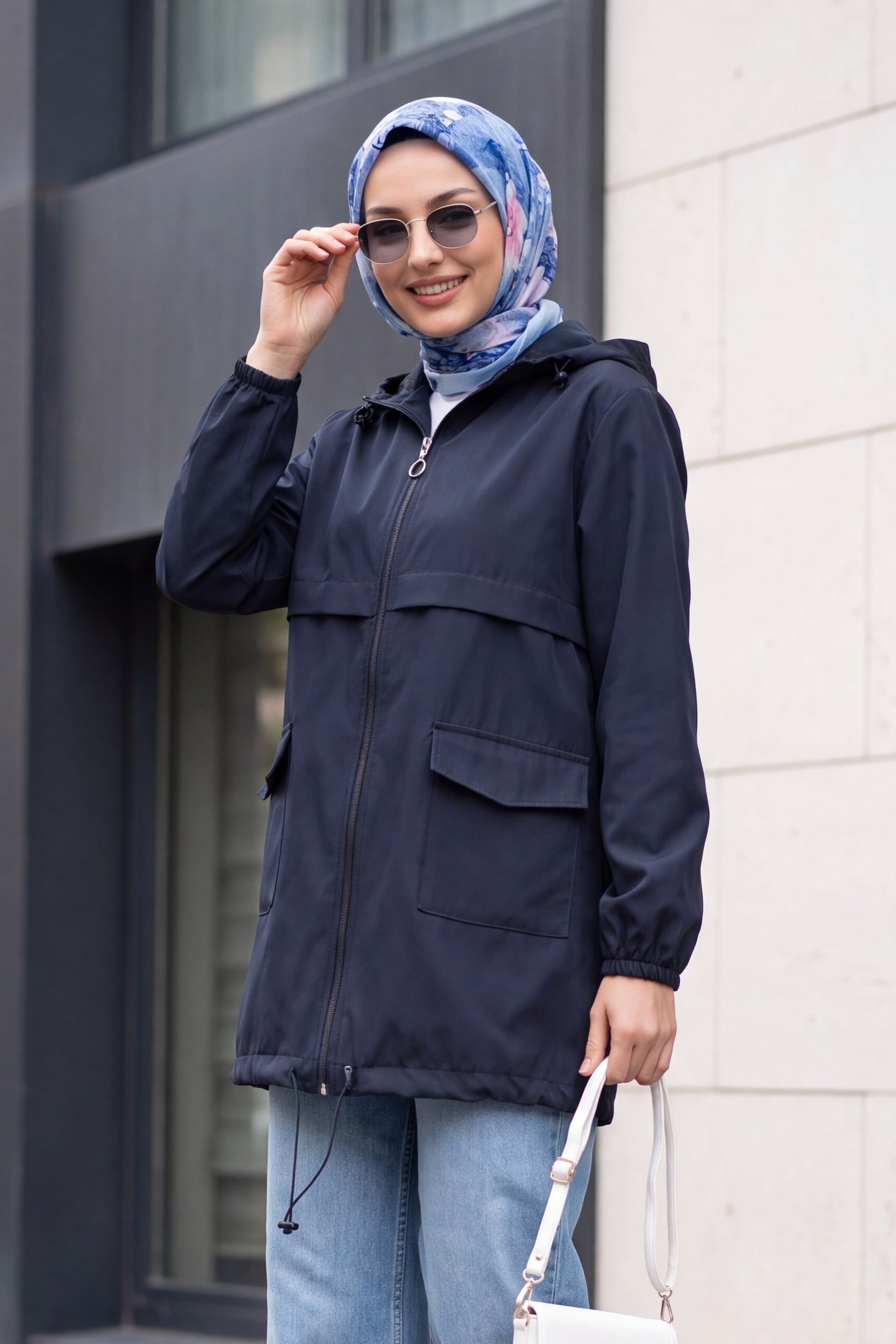 Navy Blue Hooded Zip-Front Raincoat with Flap Pockets - Podyumplus - by Peralane - photo 2