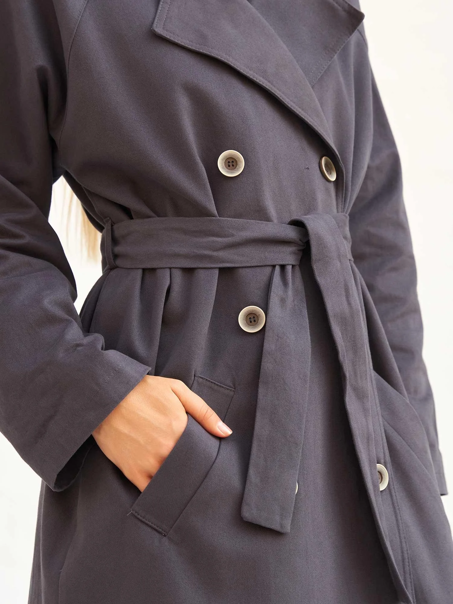 Belted Double-Breasted Long Trench Coat in Dark Grey - Lefon - by Peralane - photo 7
