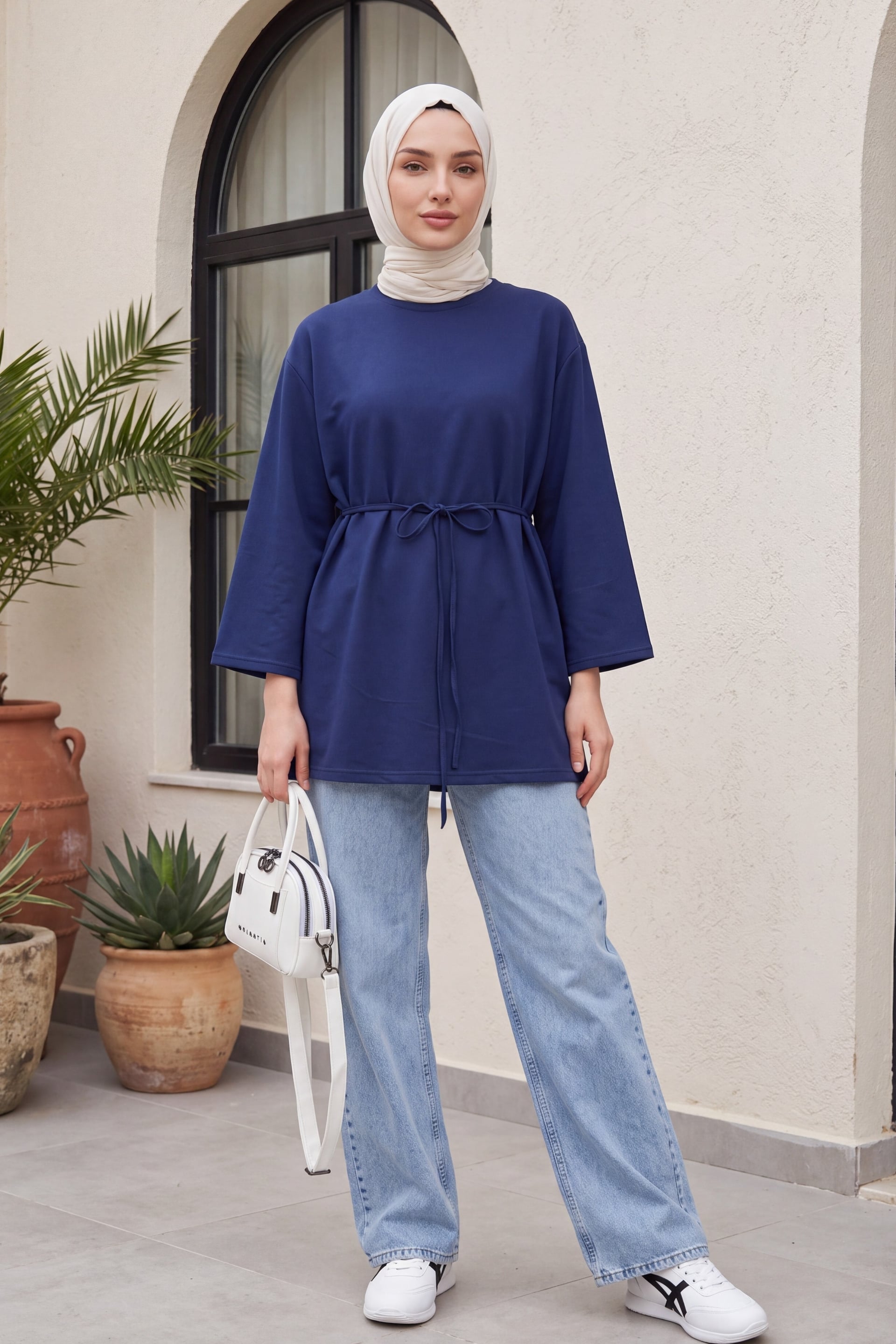 Women's Round Neck Tie-Waist Jersey Tunic - Navy - Podyumplus - by Peralane - photo 2