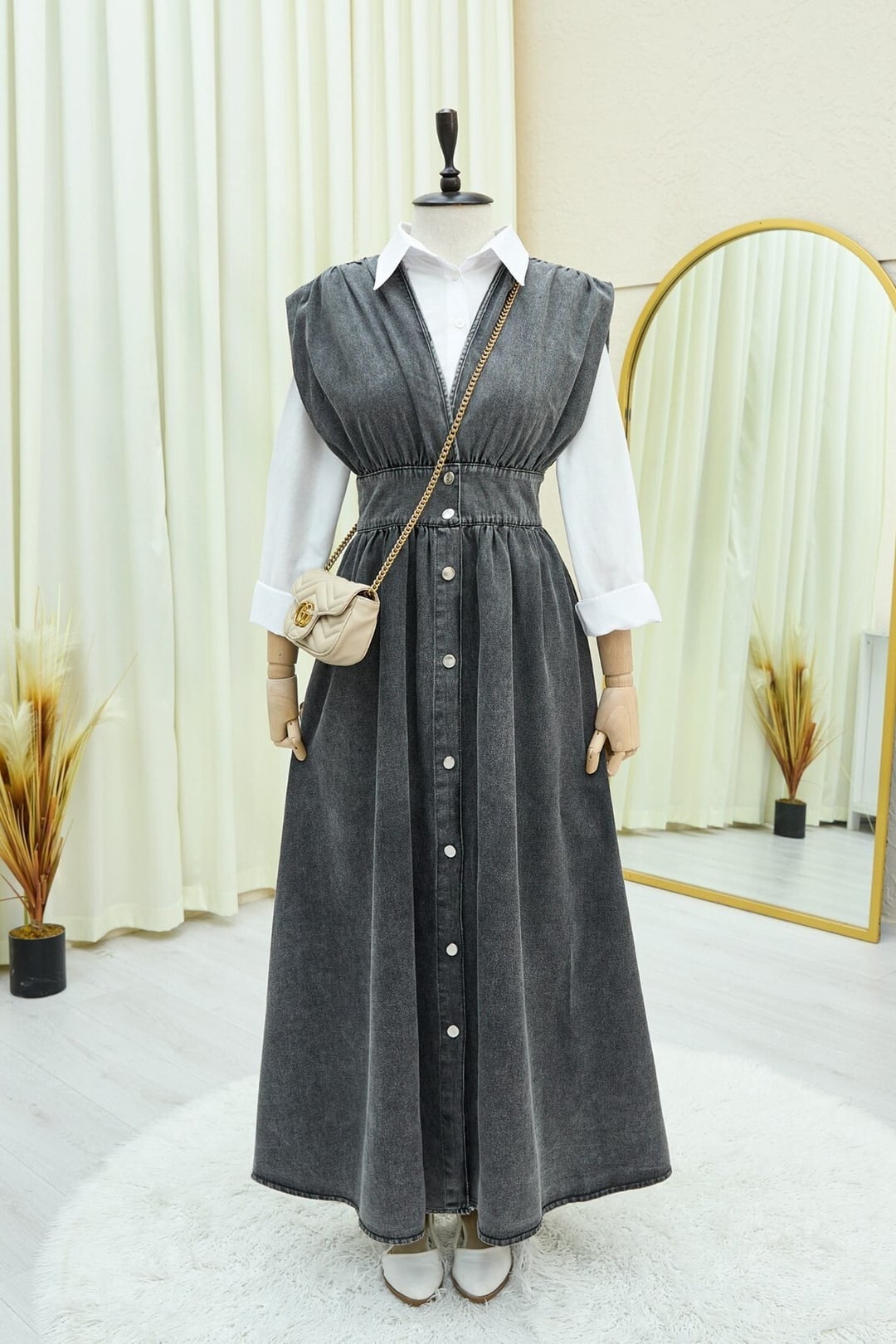 V-Neck Sleeveless Button-Front Denim Jile Dress - Smoke - Podyumplus - by Peralane - photo 3