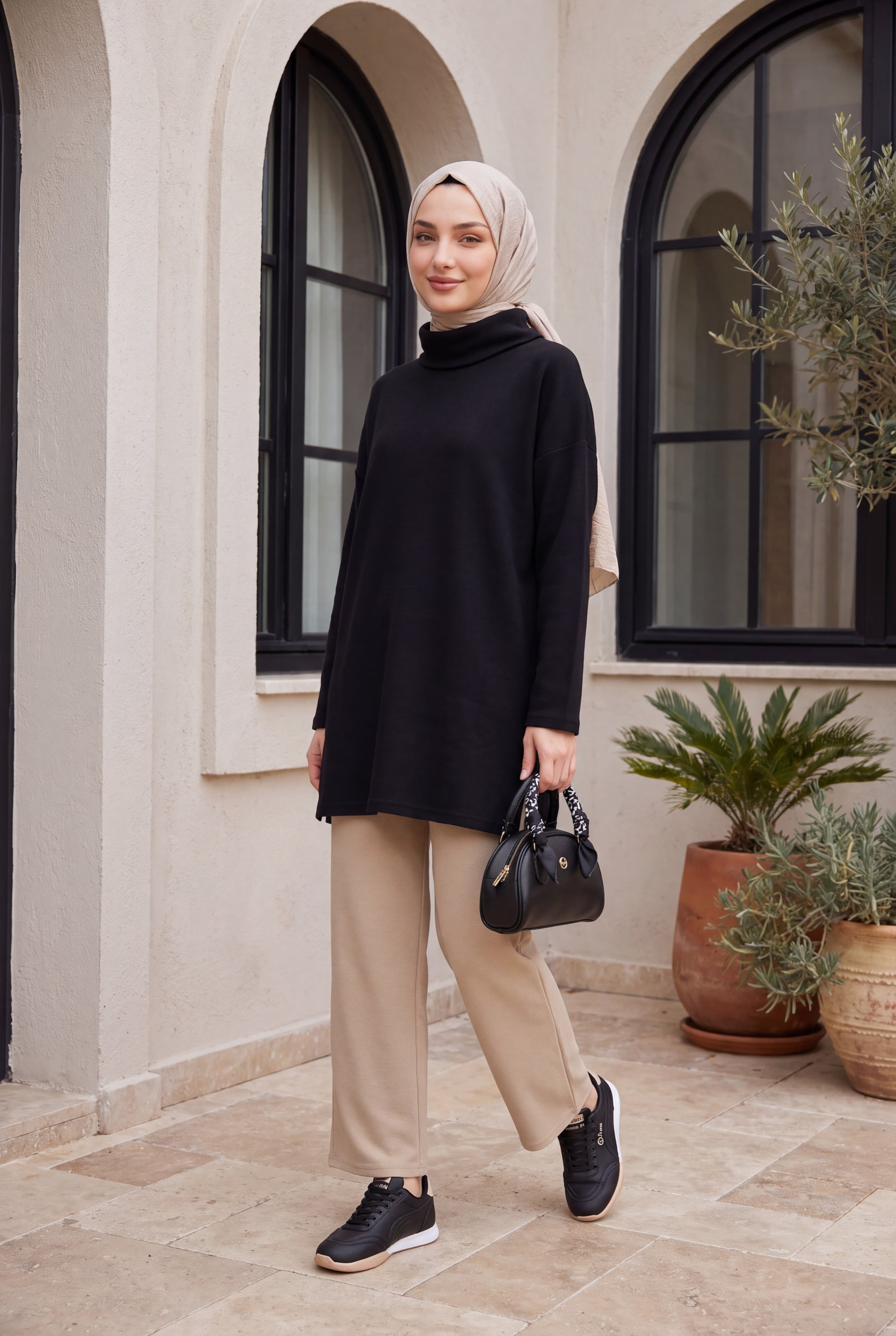 Black Turtleneck Side-Slit Tunic with Knit Fabric - Podyumplus - by Peralane - photo 2