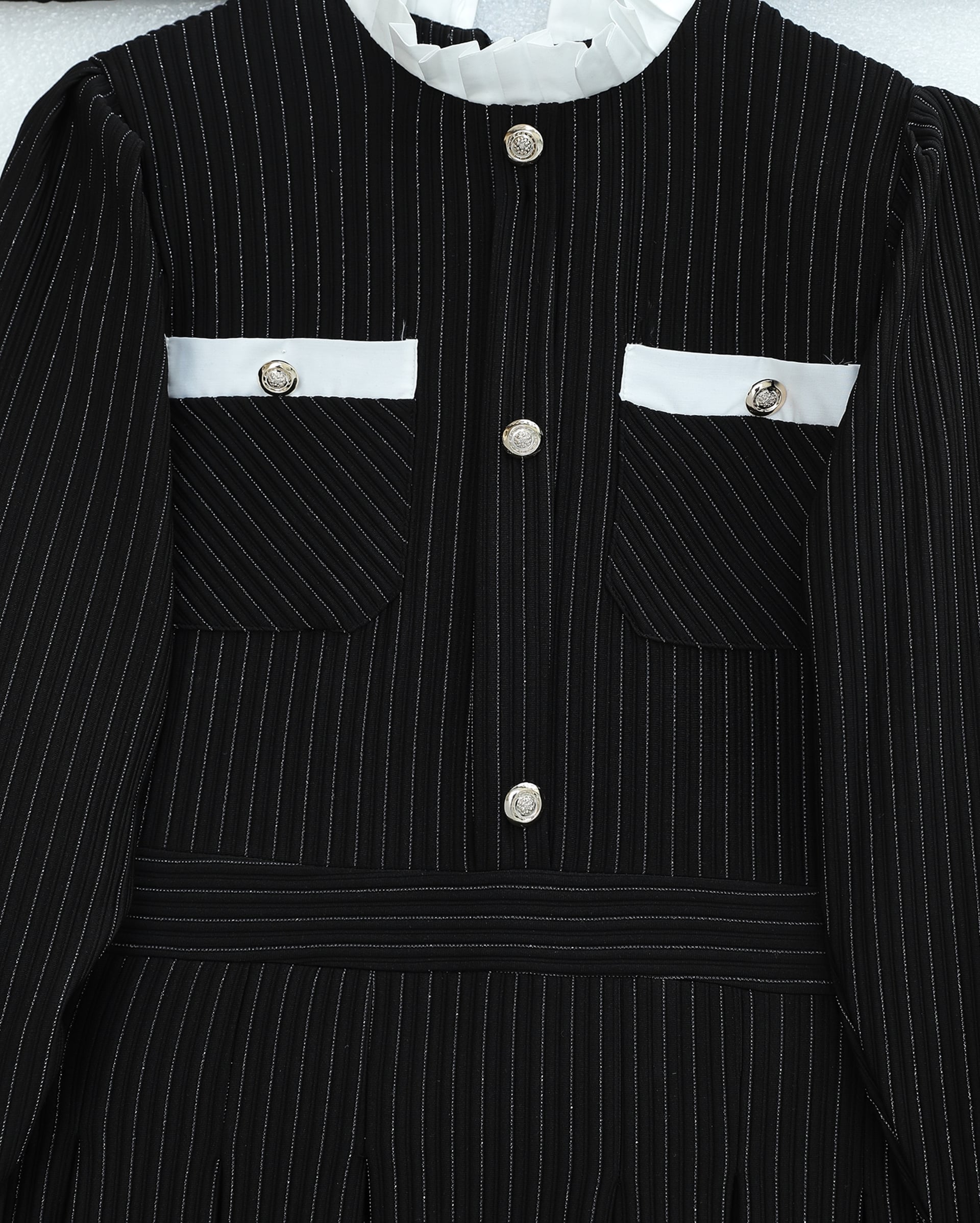Padded Shoulder Pleated Dress with Button Details and Pockets - Black - Podyumplus - by Peralane - photo 5