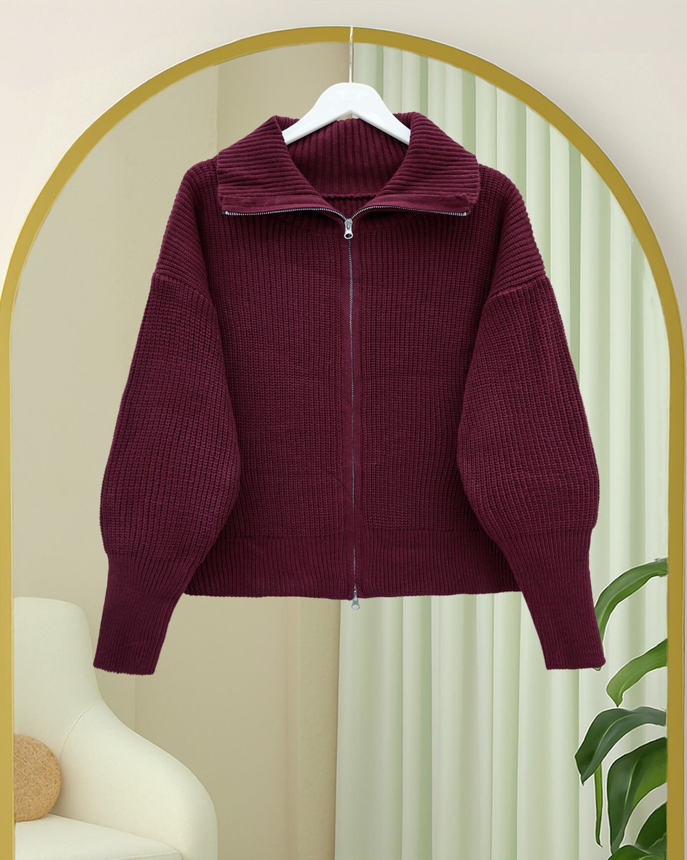 Half-Collar Zip-Up Knit Cardigan - Maroon - Podyumplus - by Peralane - photo 6