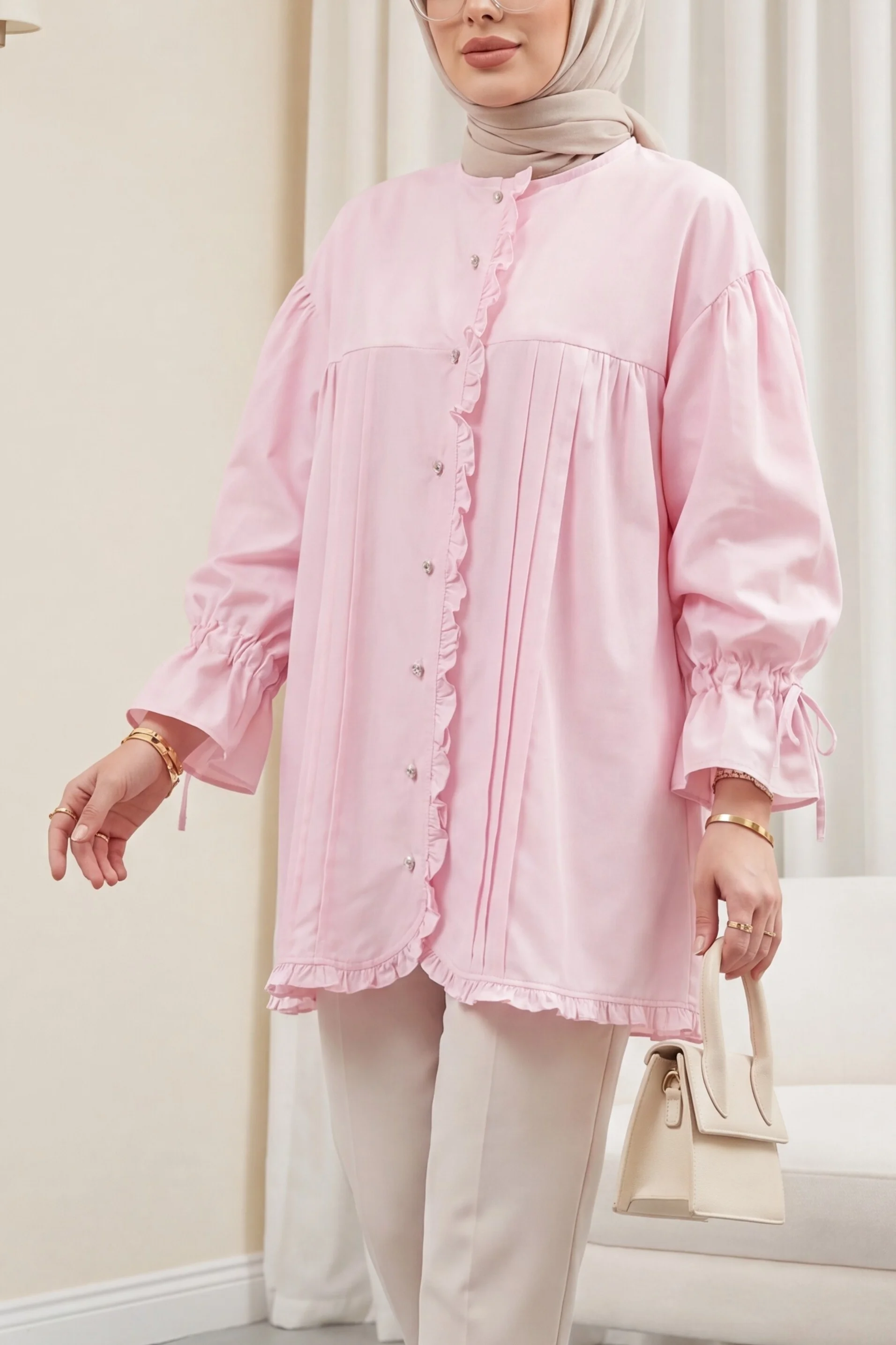 Ruffled Trim Long-Sleeve Tie-Cuff Stone-Button Tunic - Pink - Podyumplus - by Peralane