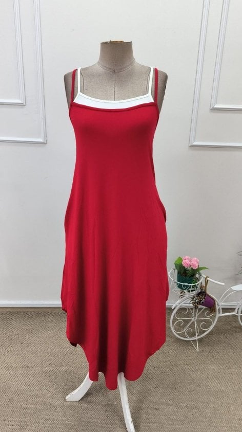 Women's Red Spaghetti Strap Midi Dress with Pockets - Janes - by Peralane - photo 5