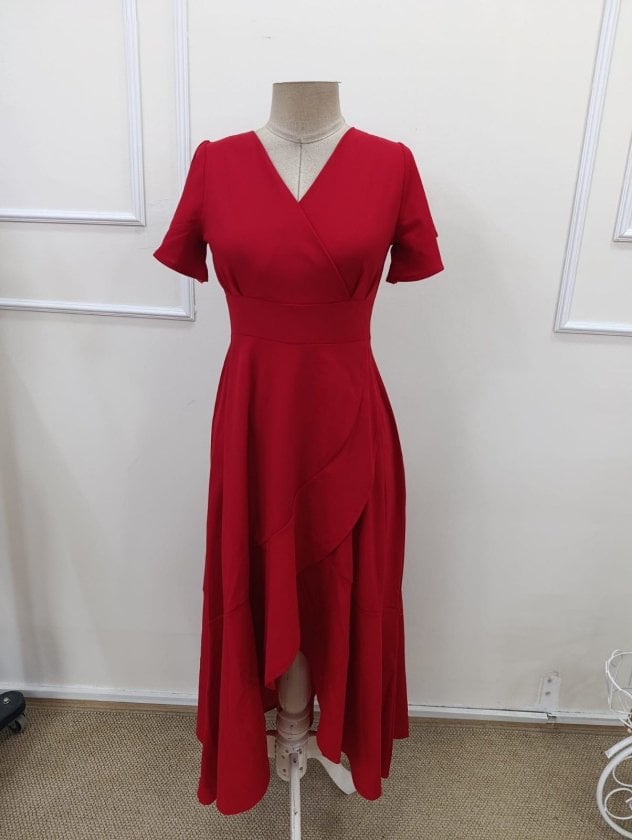Women's Short Sleeve Wrap V-Neck Asymmetric Ruffle High-Low Dress in Deep Red - Janes - by Peralane - photo 6