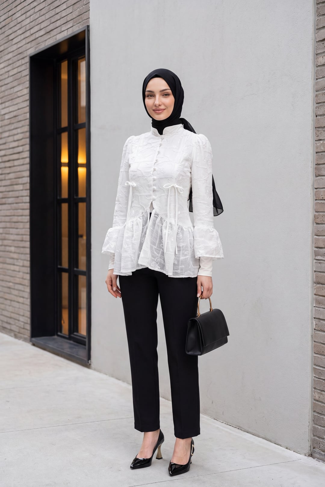 White High Collar Buttoned Lined Frilled Polyviscose Tunic - Podyumplus - by Peralane - photo 6