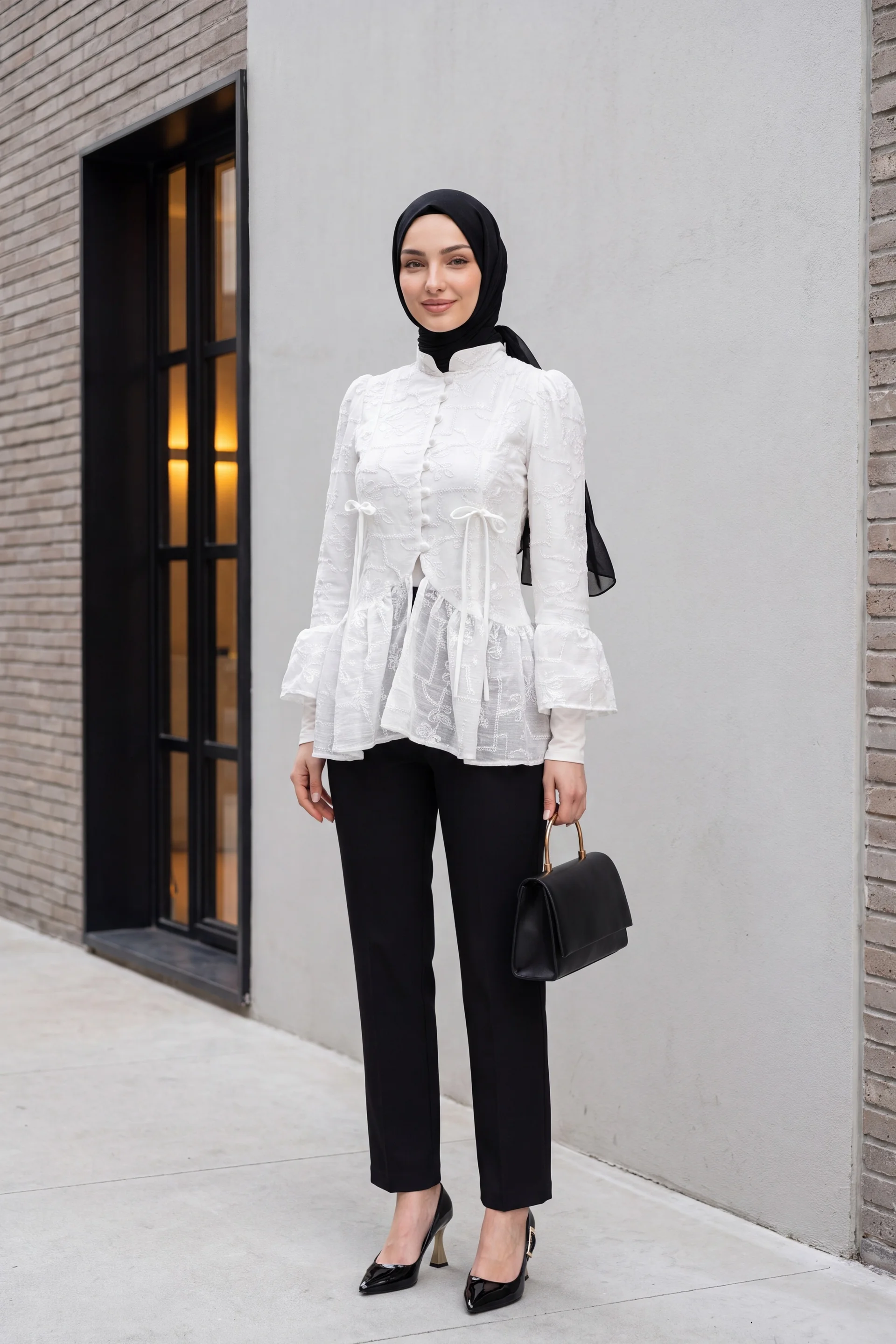 White High Collar Buttoned Lined Frilled Polyviscose Tunic - Podyumplus - by Peralane - photo 6