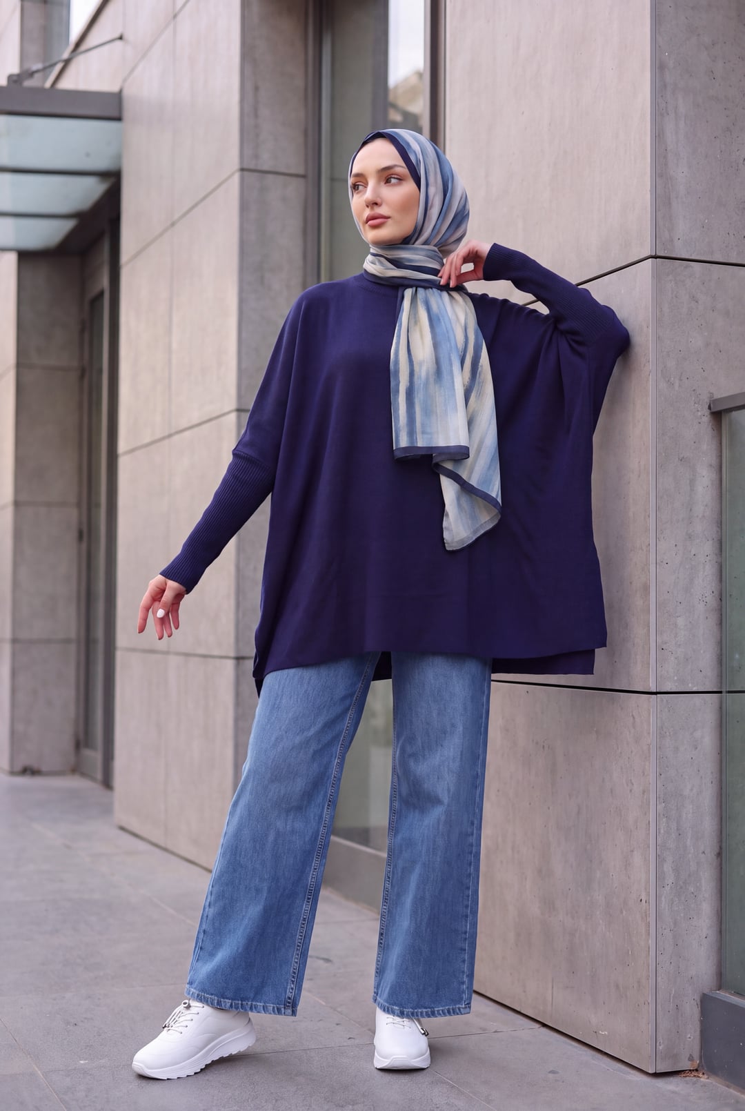 Navy Blue Oversize Poncho Knit Sweater with Side Slits - Bigdart - by Peralane - photo 5
