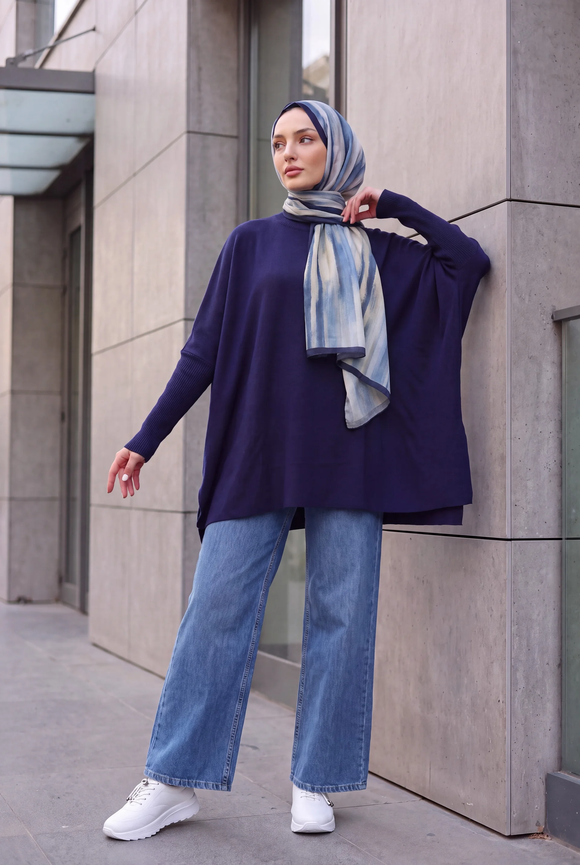 Side Slit Oversize Poncho Knit Sweater - Navy Blue - Wholeskop - by Peralane - photo 5