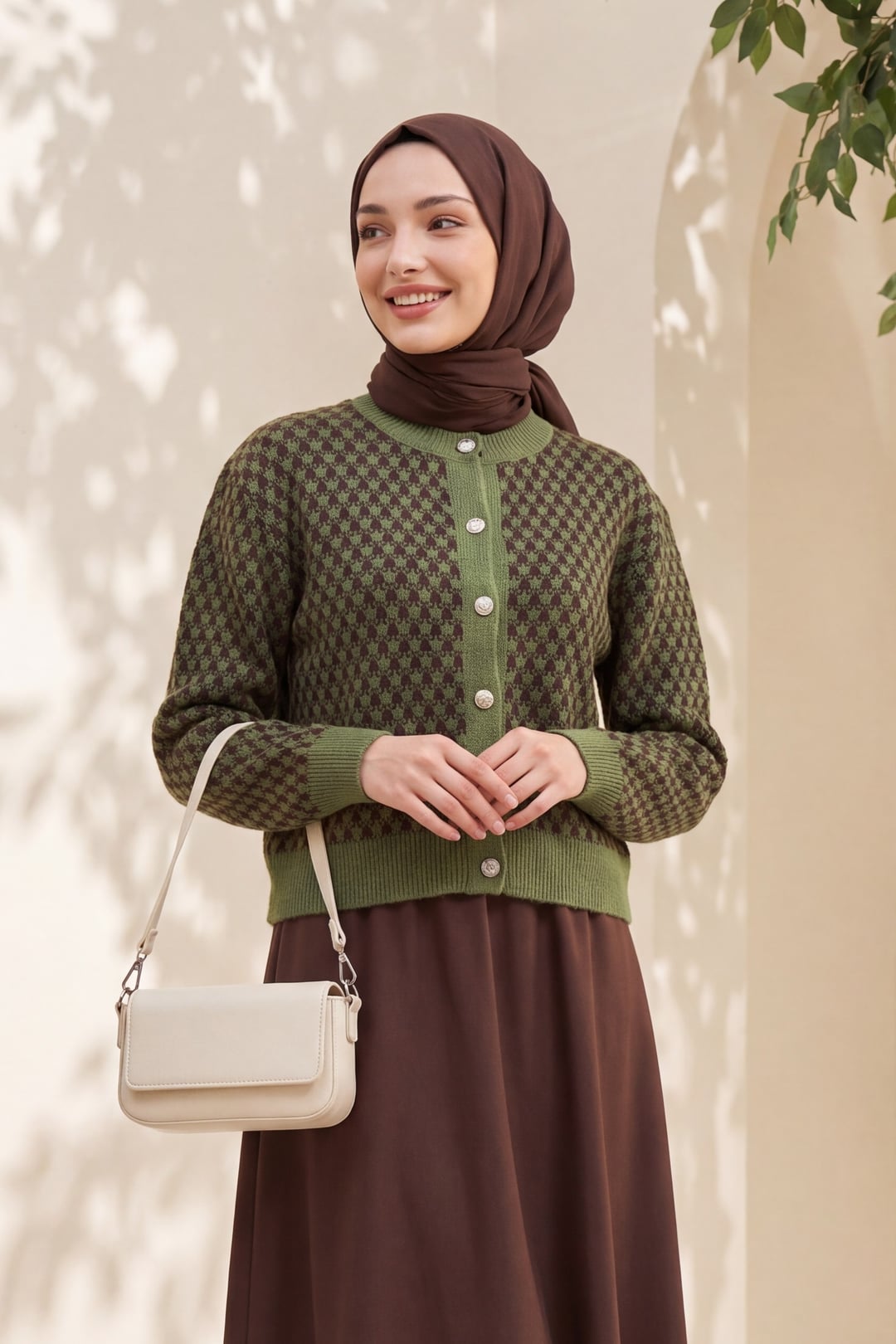 Round Neck Buttoned Patterned Knit Cardigan - Khaki - Podyumplus - by Peralane - photo 2