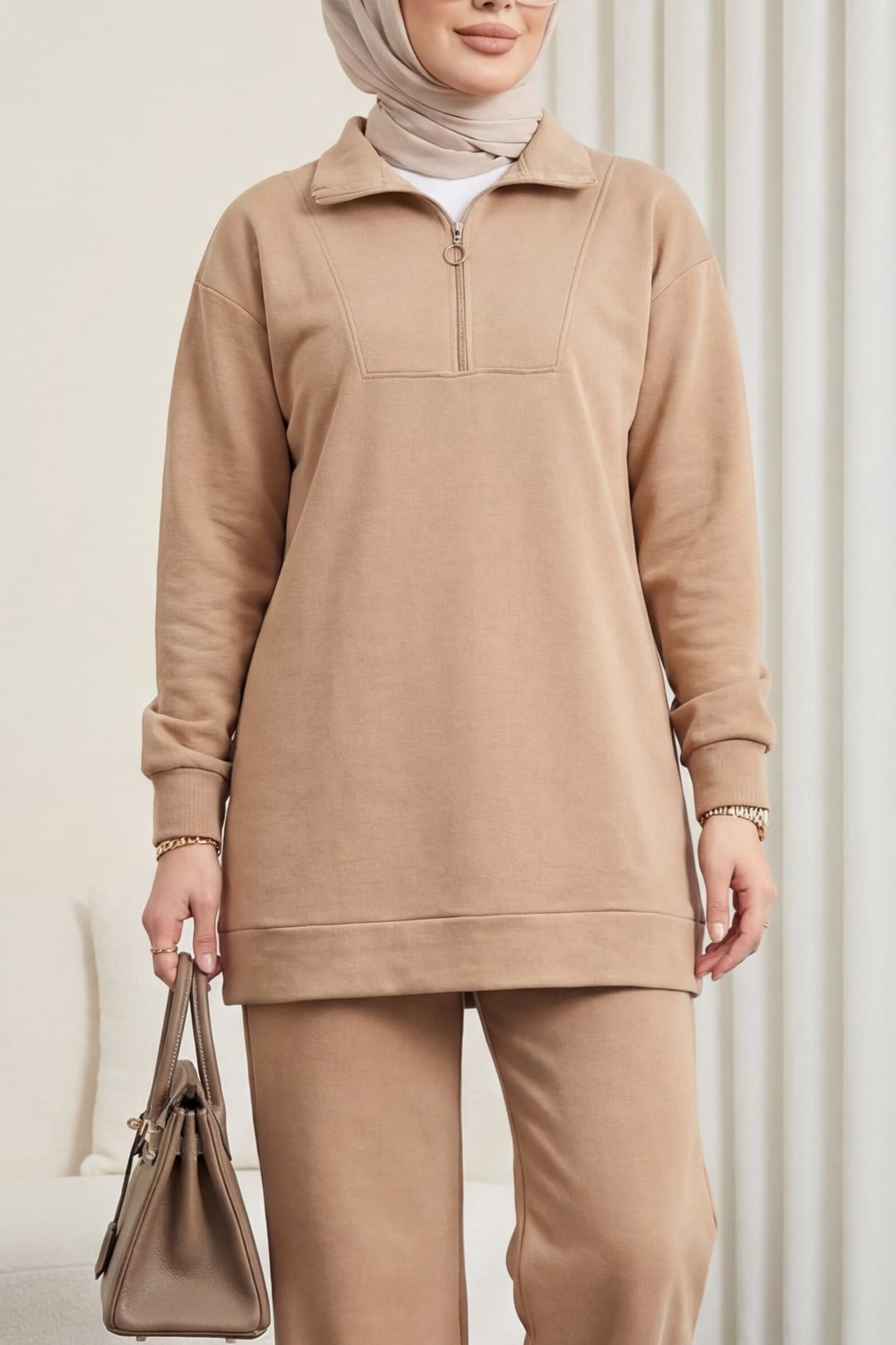 Half Zip Turtleneck Two-Piece Lounge Set - Mink - Podyumplus - by Peralane - photo 5