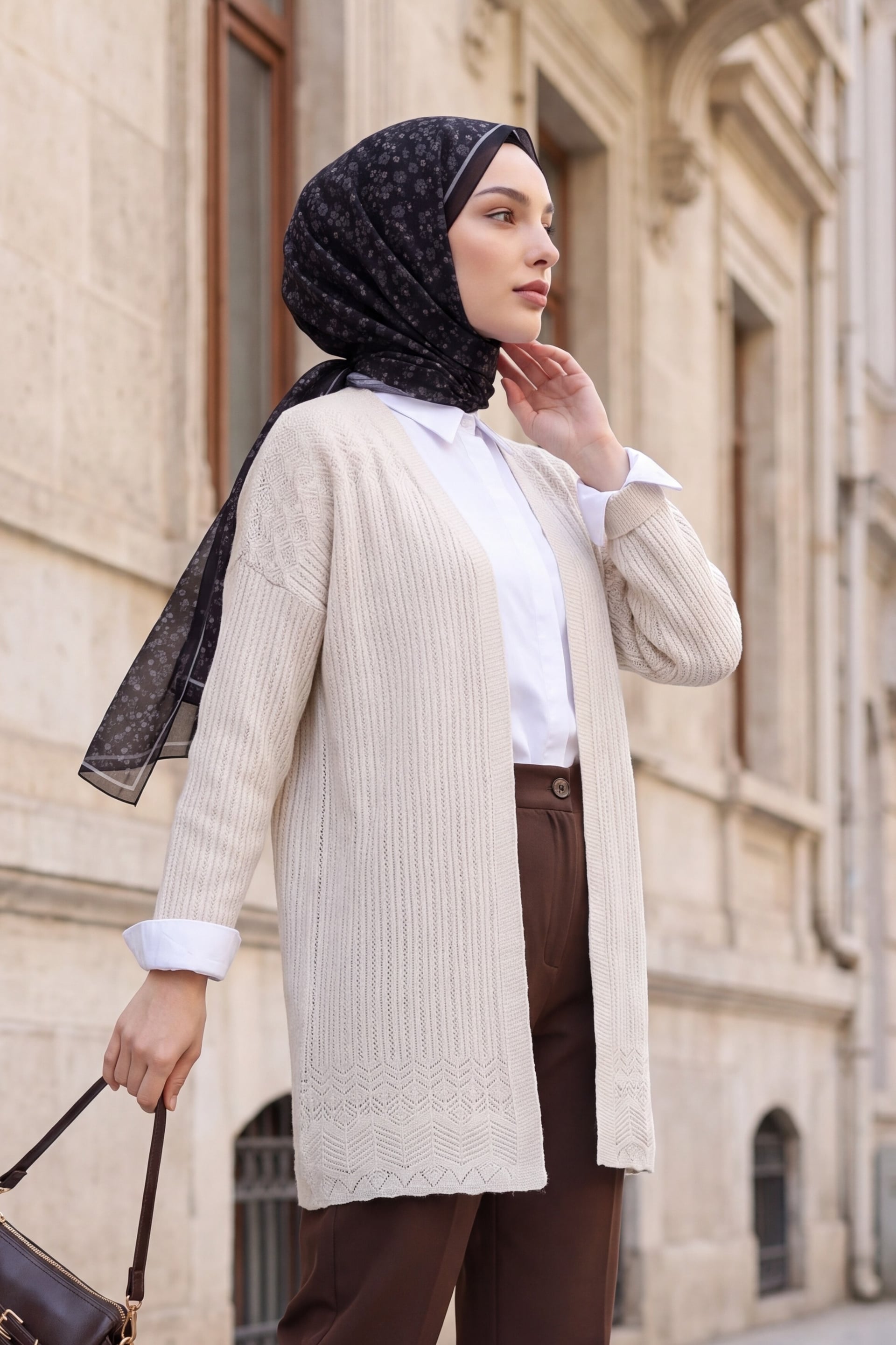 Patterned Hem Openwork Cardigan - Stone - Podyumplus - by Peralane - photo 2