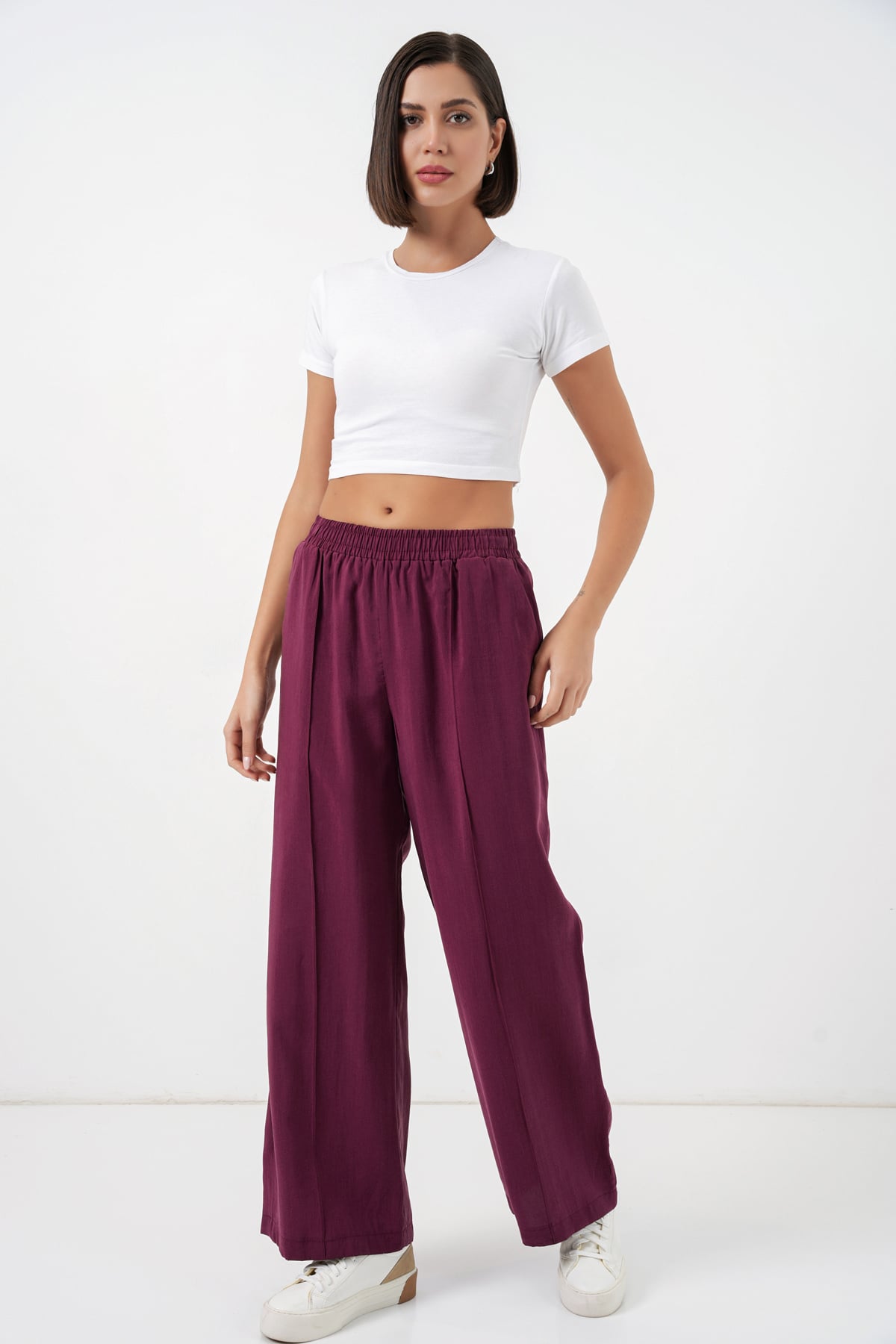 Women's Elasticated Waist Wide-Leg Trousers in Deep Plum - 30087 - Bigdart - by Peralane - photo 2