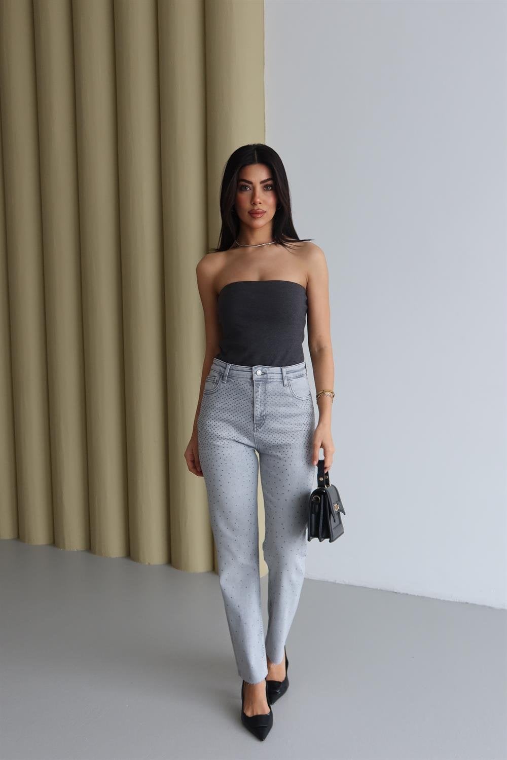 High Waist Raw Hem Light Grey Rhinestone Jeans for Women - Lacarino Jeans - by Peralane - photo 5