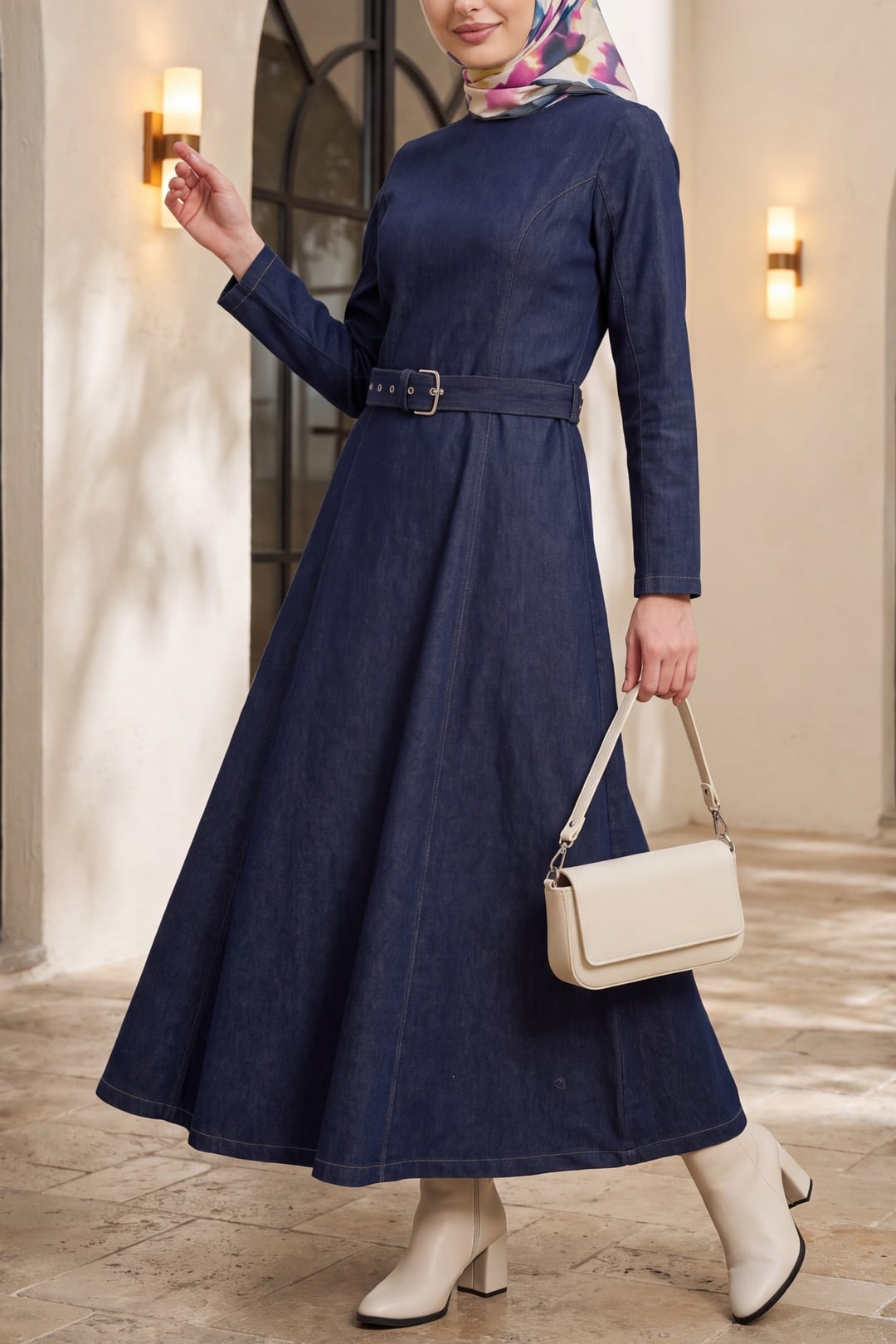Flared Skirt Zip Belted Denim Dress - Dark Navy - Podyumplus - by Peralane