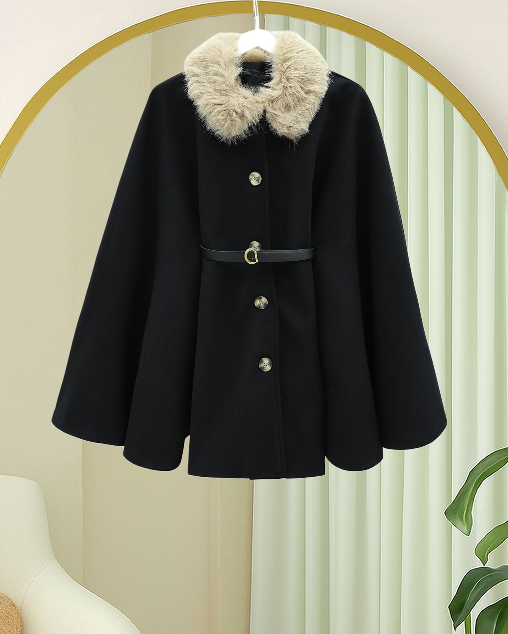 Black Faux Fur Collar Belted Button Cape Coat - Podyumplus - by Peralane