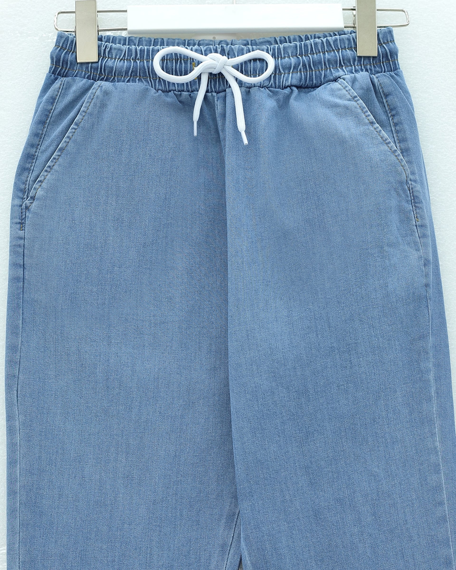Women's Light Blue Flared Denim Trousers with Drawstring Waist and Pockets - Podyumplus - by Peralane - photo 9