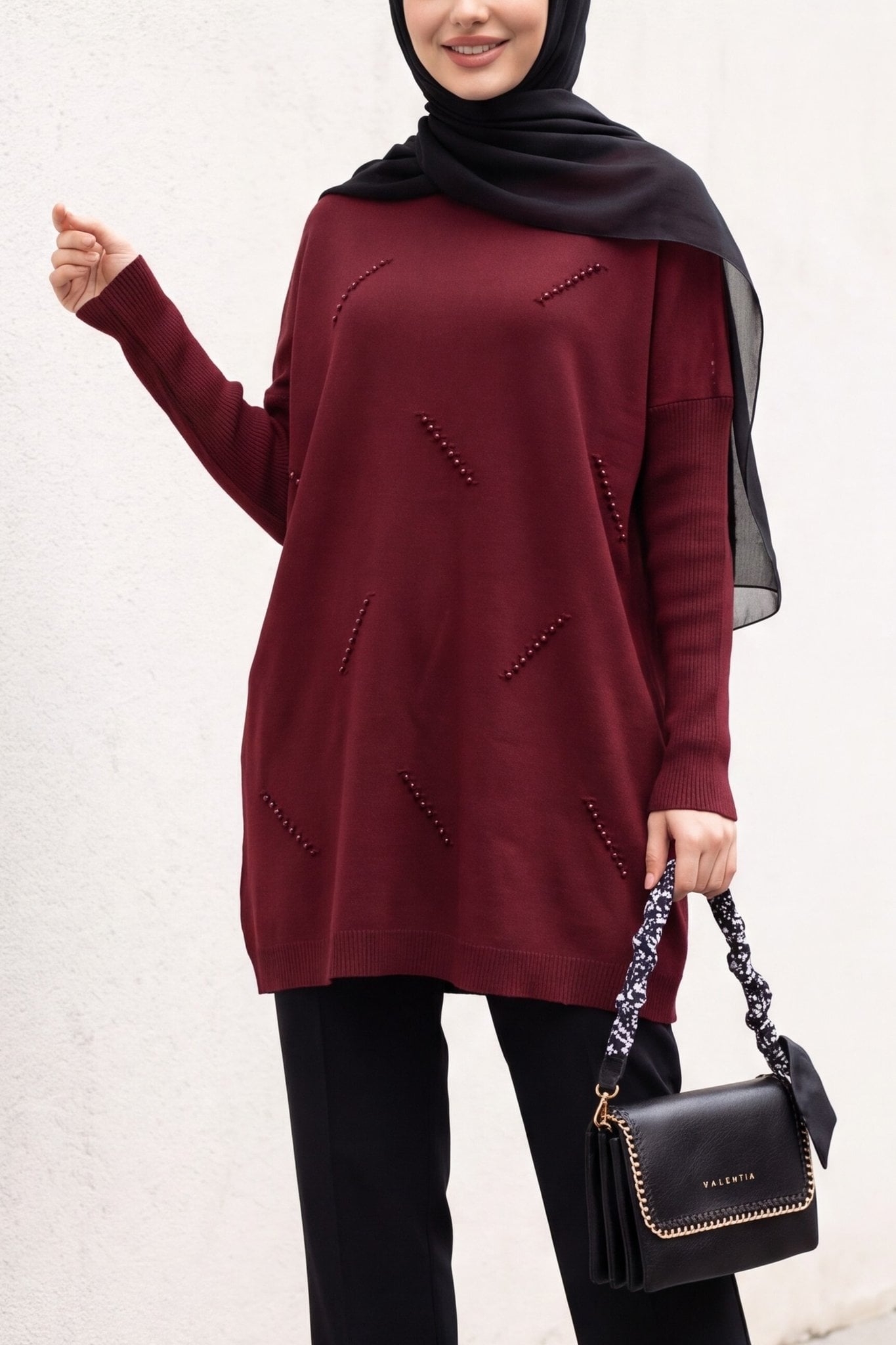 Half Collar Beaded Slouchy Knit Tunic - Bordeaux - Podyumplus - by Peralane