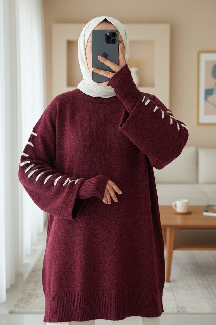 Striped Soft Knit Tunic with Thread Details - Burgundy - Podyumplus - by Peralane