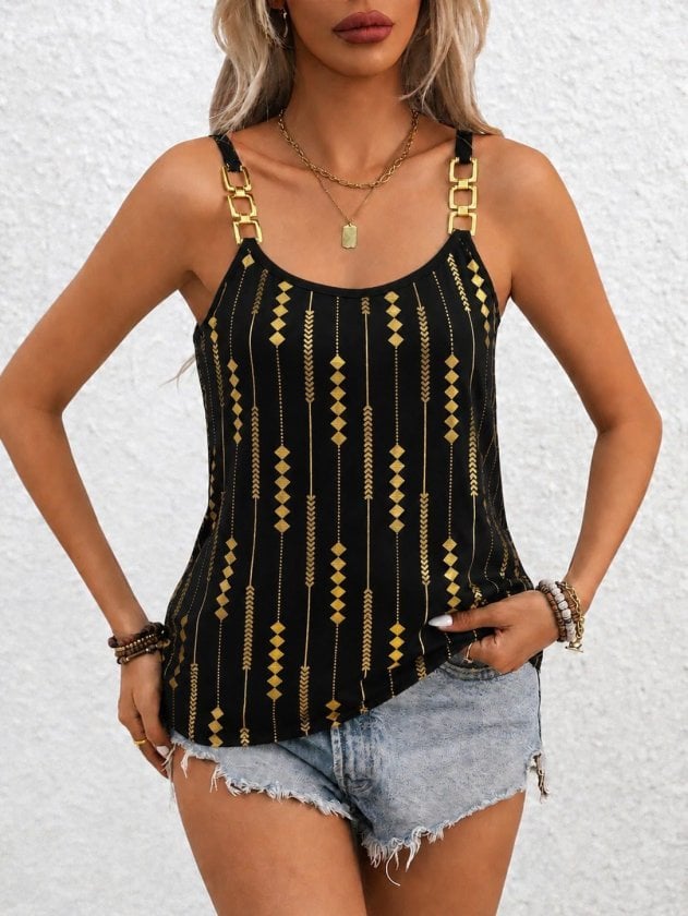 Women's Black Geometric Print Sleeveless Viscose Blouse with Gold Chain Straps - Janes - by Peralane - photo 2