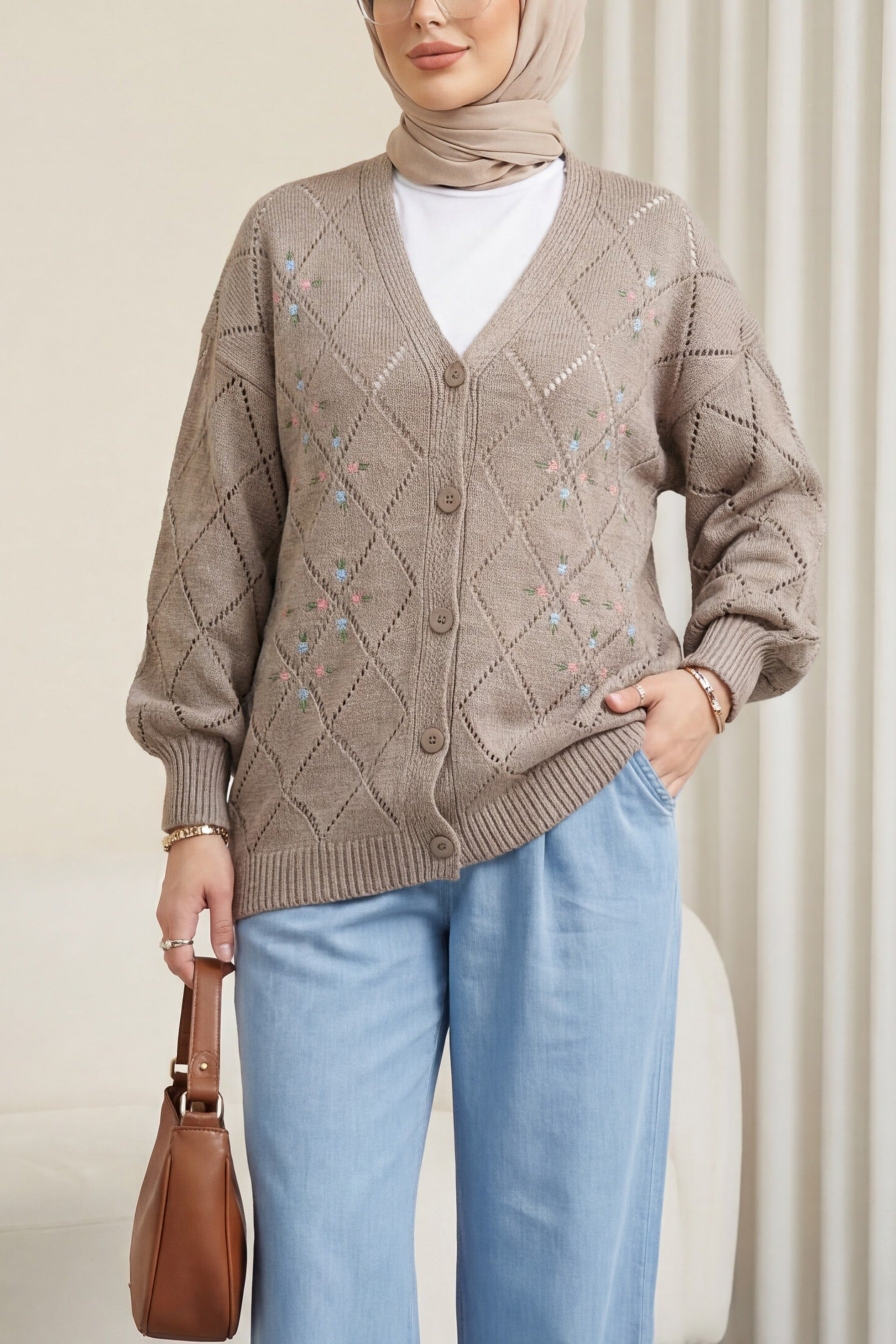 Embroidered Diamond Knit Cardigan - Earth - Podyumplus - by Peralane - photo 5