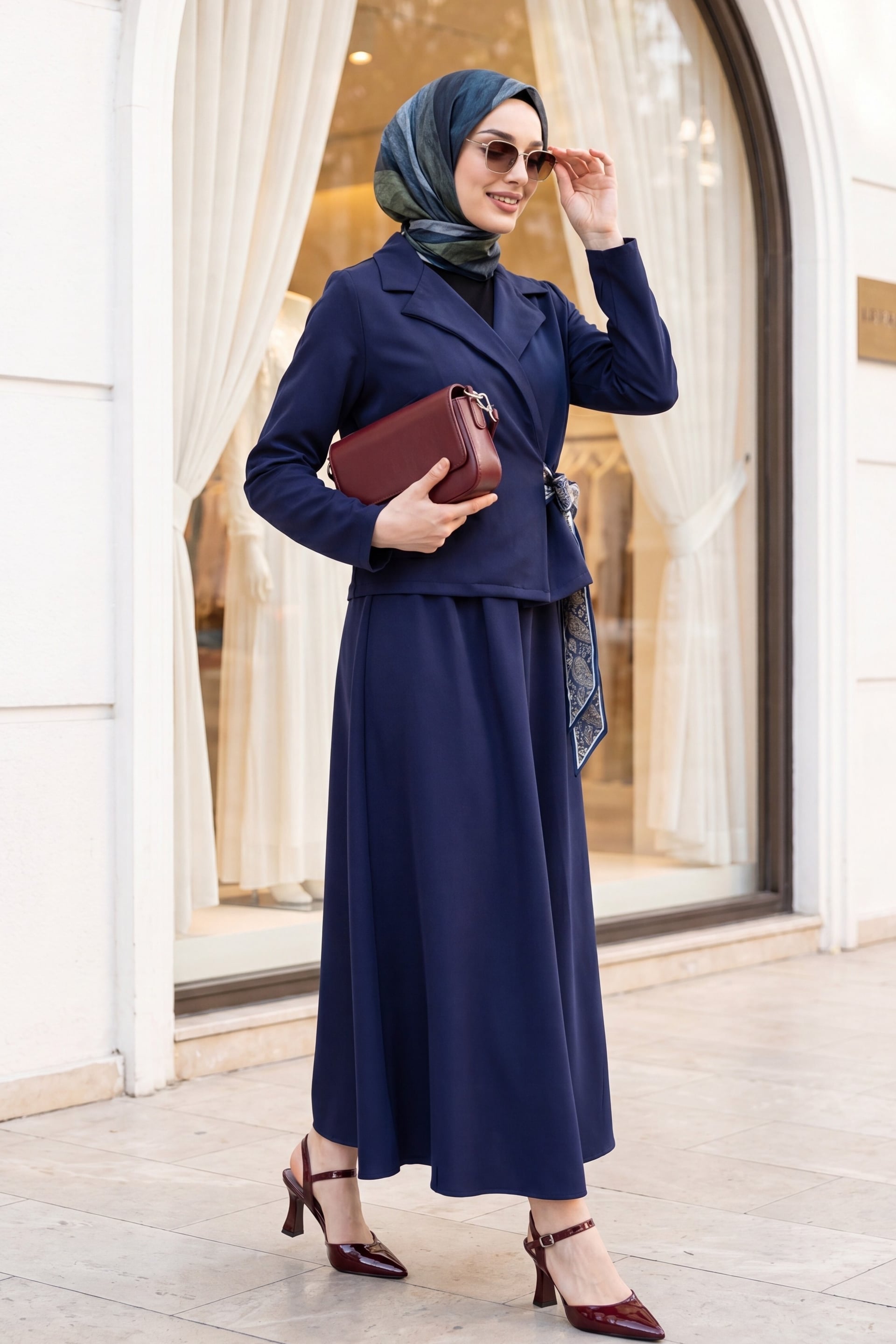 Women's Navy Blue Wrap Blazer and A-Line Skirt Co-ord Set - Podyumplus - by Peralane - photo 5