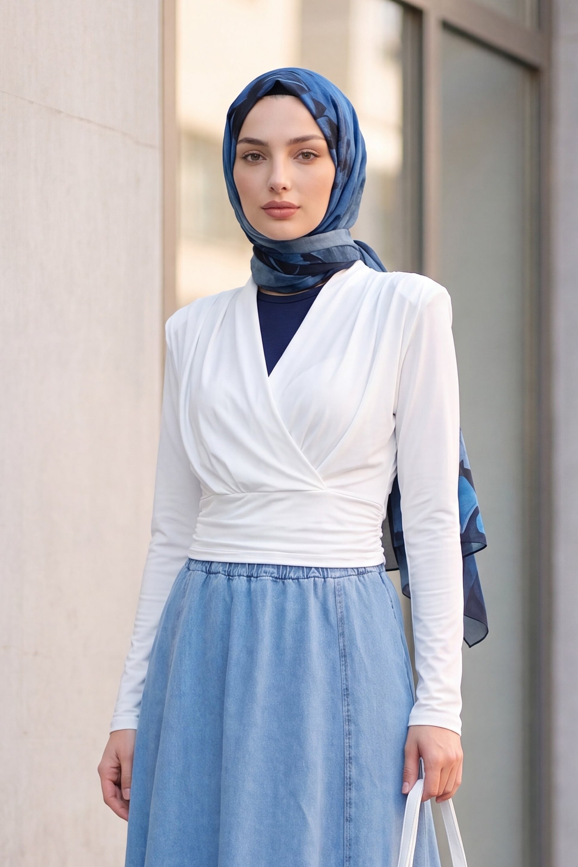 White Wrap-Style Padded Shoulder Blouse with Draped Details - Podyumplus - by Peralane